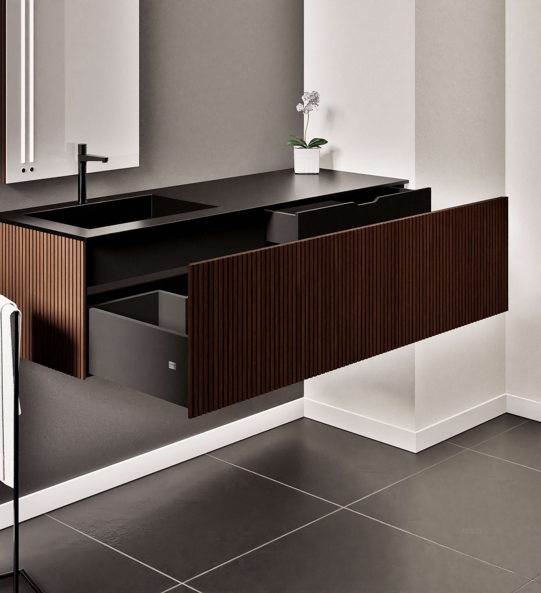 Fluvia Single Right Wall Set – Corian® Sink & Countertop with 1 Main Drawer & Concealed Inner Drawer - ROVALUX