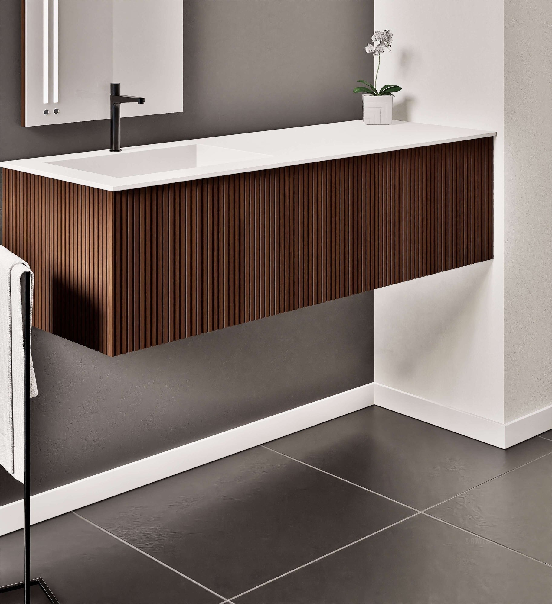 Fluvia Single Right Wall Set – Corian® Sink & Countertop with 1 Main Drawer & Concealed Inner Drawer - ROVALUX