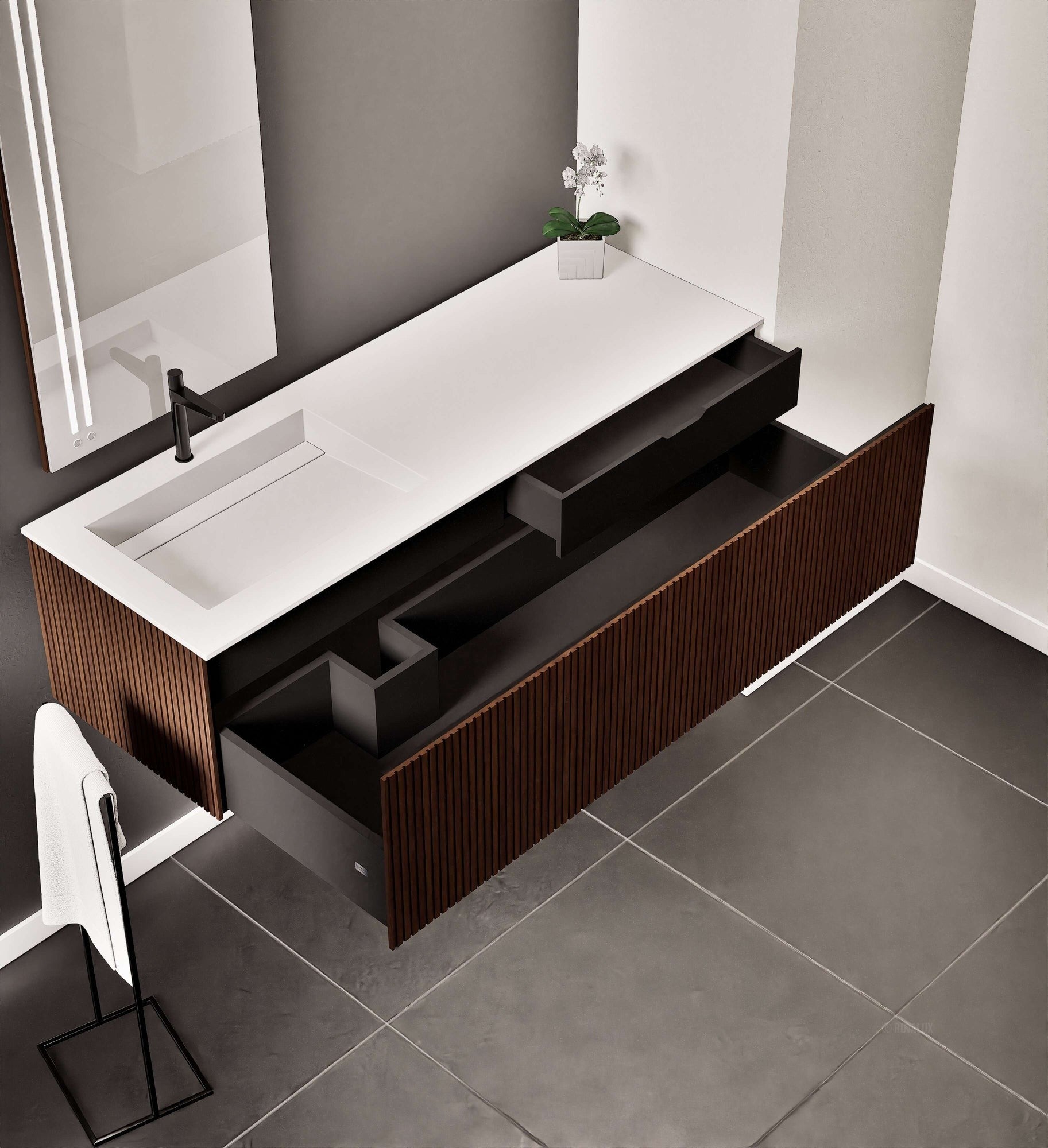 Fluvia Single Right Wall Set – Corian® Sink & Countertop with 1 Main Drawer & Concealed Inner Drawer - ROVALUX
