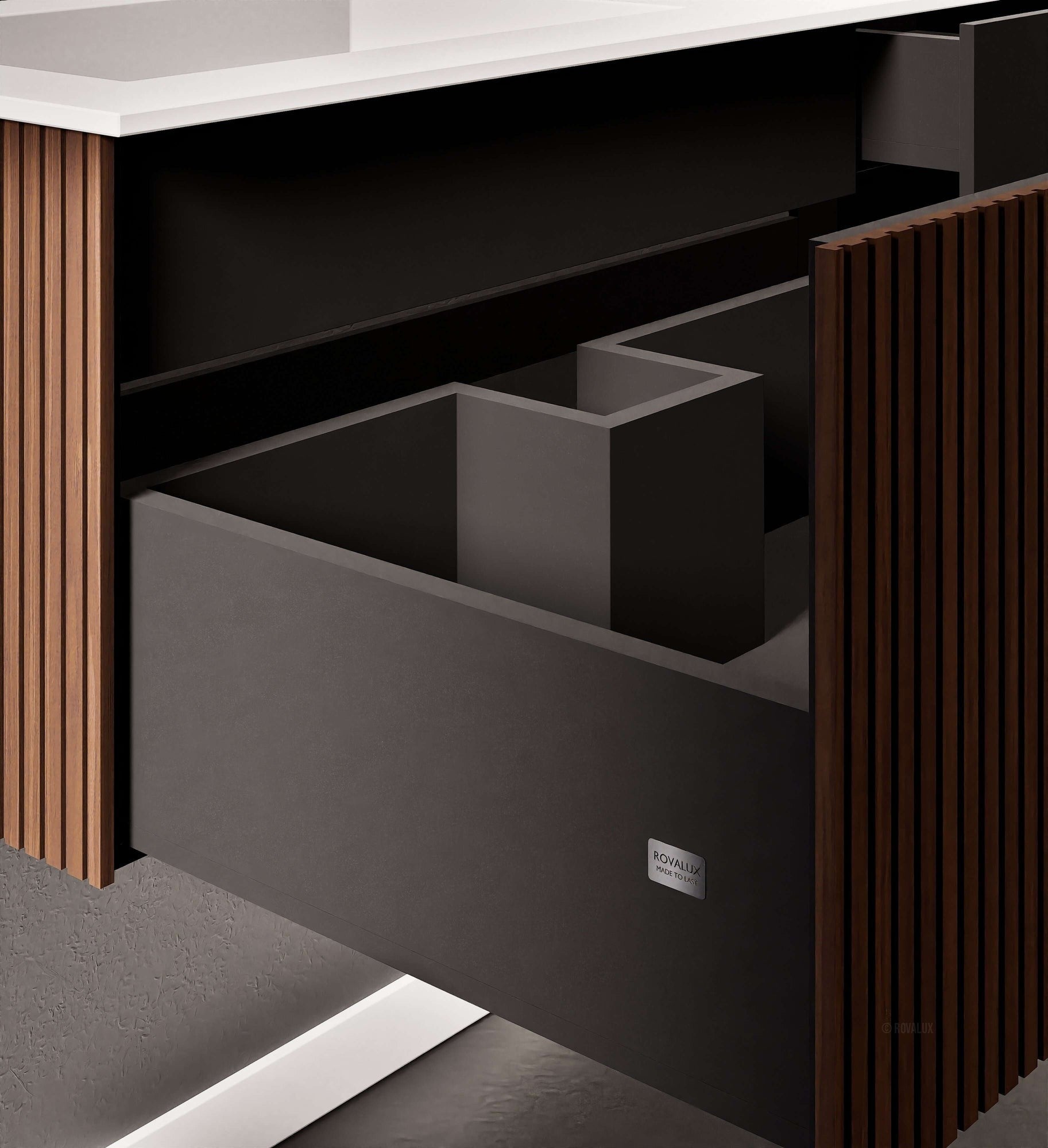 Fluvia Single Right Wall Set – Corian® Sink & Countertop with 1 Main Drawer & Concealed Inner Drawer - ROVALUX