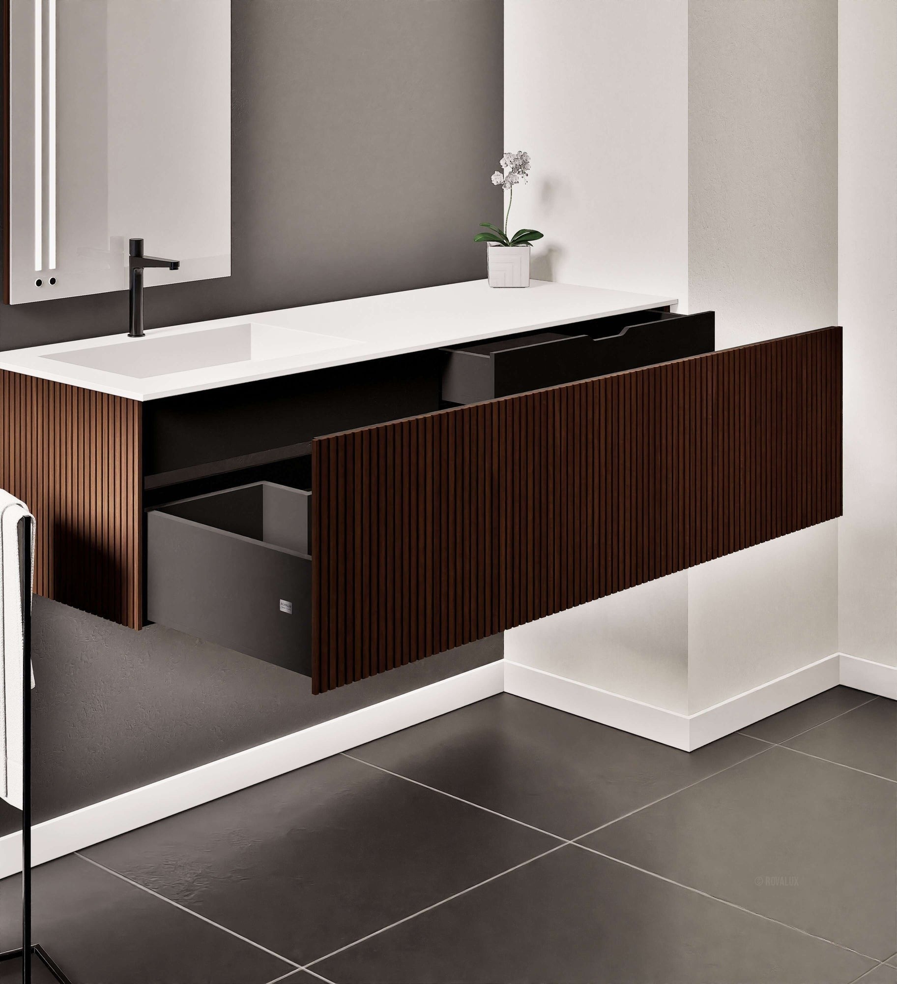 Fluvia Single Right Wall Set – Corian® Sink & Countertop with 1 Main Drawer & Concealed Inner Drawer - ROVALUX