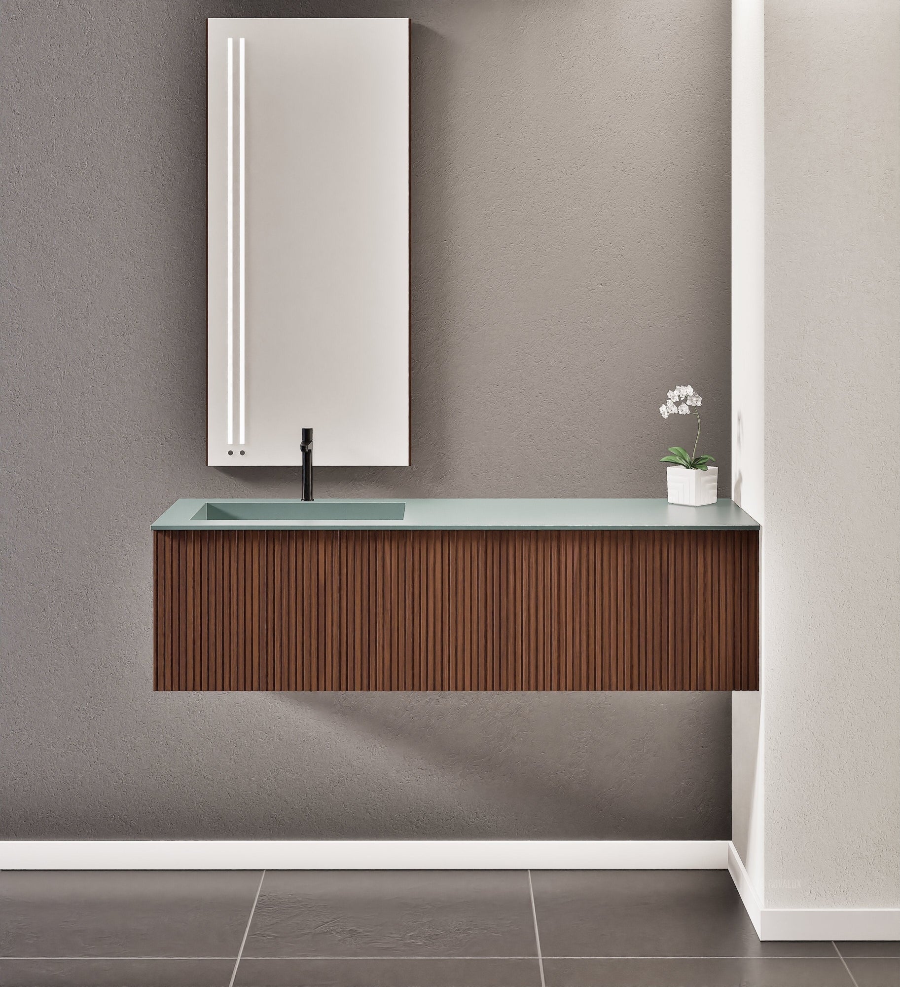 Fluvia Single Right Wall Set – Corian® Sink & Countertop with 1 Main Drawer & Concealed Inner Drawer - ROVALUX