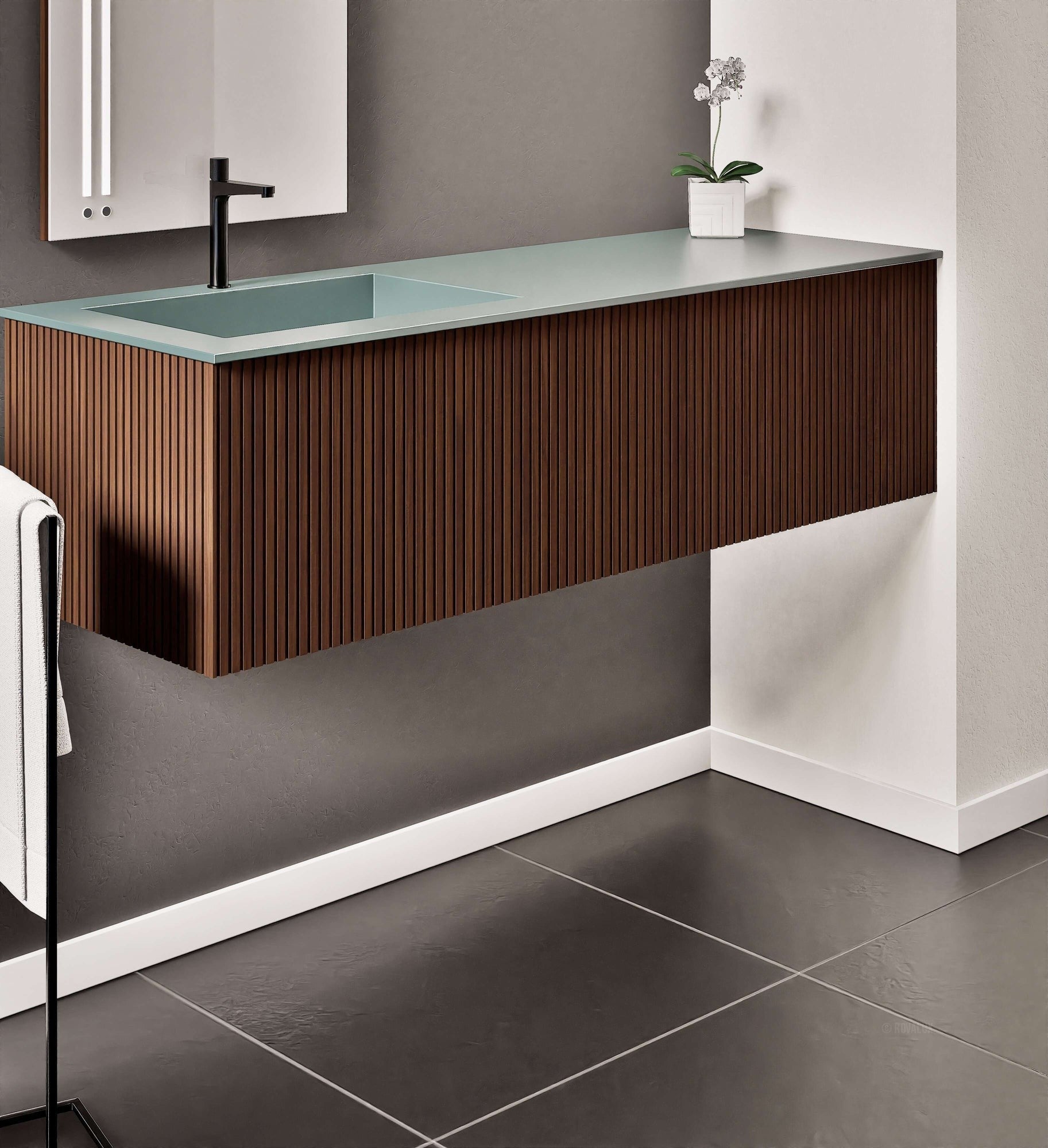Fluvia Single Right Wall Set – Corian® Sink & Countertop with 1 Main Drawer & Concealed Inner Drawer - ROVALUX
