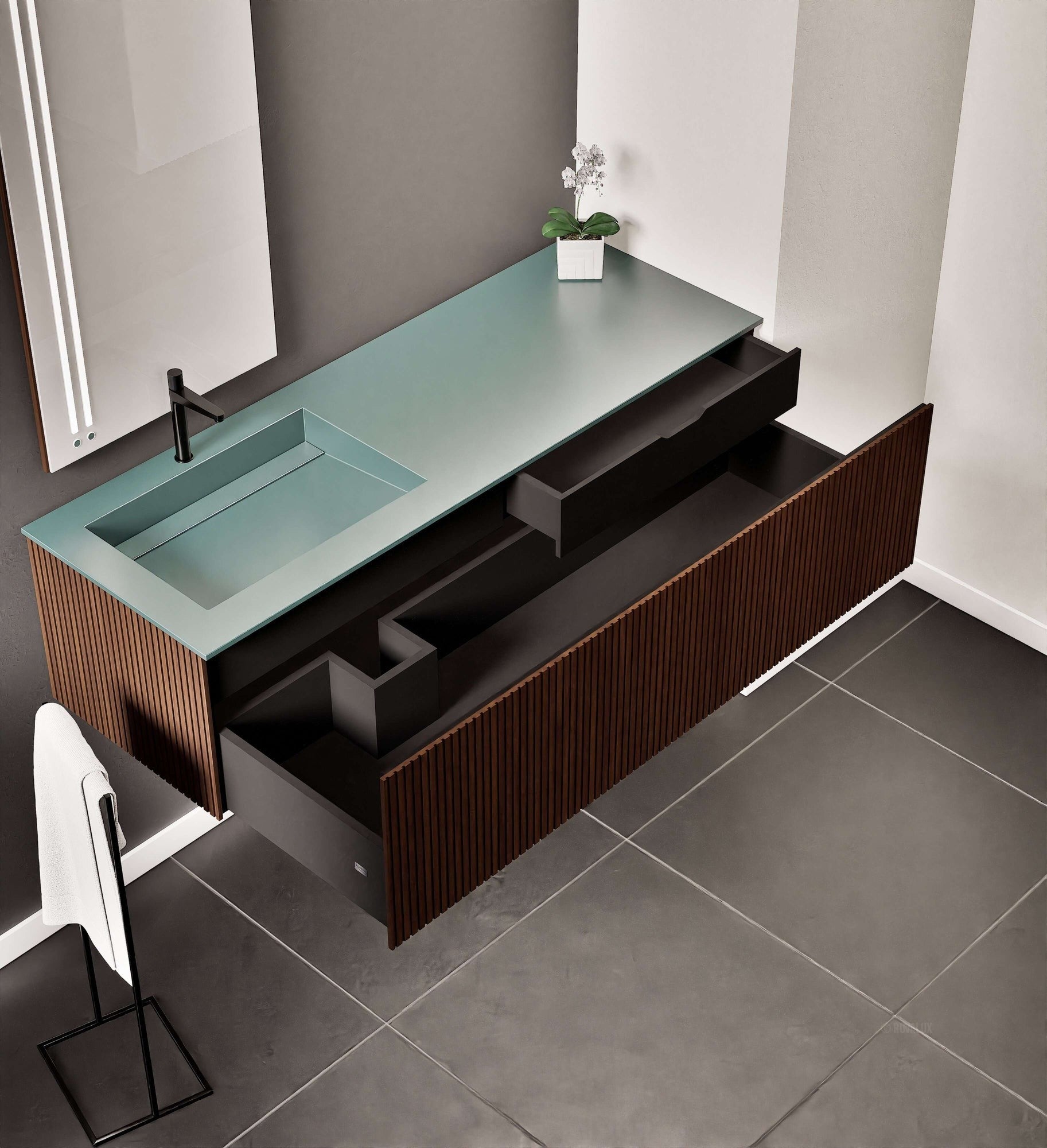Fluvia Single Right Wall Set – Corian® Sink & Countertop with 1 Main Drawer & Concealed Inner Drawer - ROVALUX