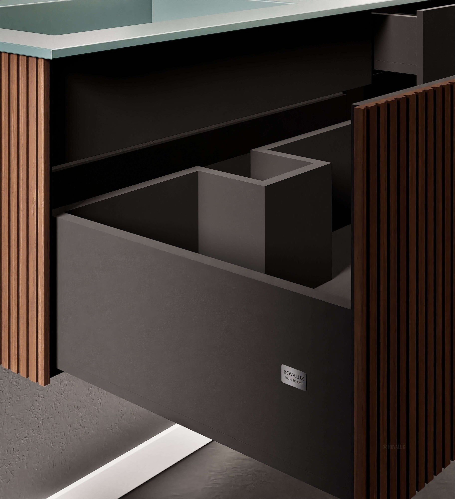 Fluvia Single Right Wall Set – Corian® Sink & Countertop with 1 Main Drawer & Concealed Inner Drawer - ROVALUX