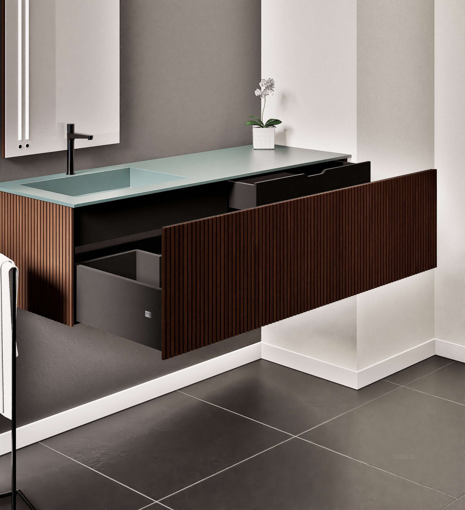 Fluvia Single Right Wall Set – Corian® Sink & Countertop with 1 Main Drawer & Concealed Inner Drawer - ROVALUX