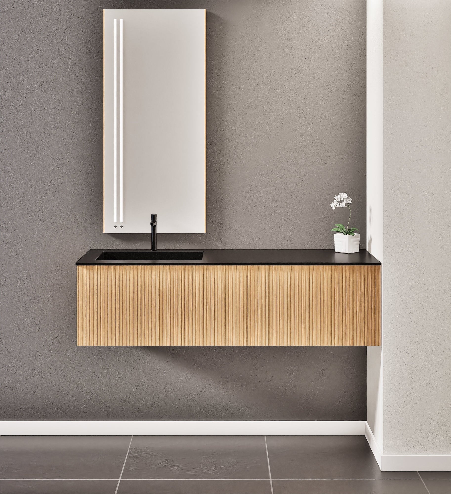 Fluvia Single Right Wall Set – Corian® Sink & Countertop with 1 Main Drawer & Concealed Inner Drawer - ROVALUX