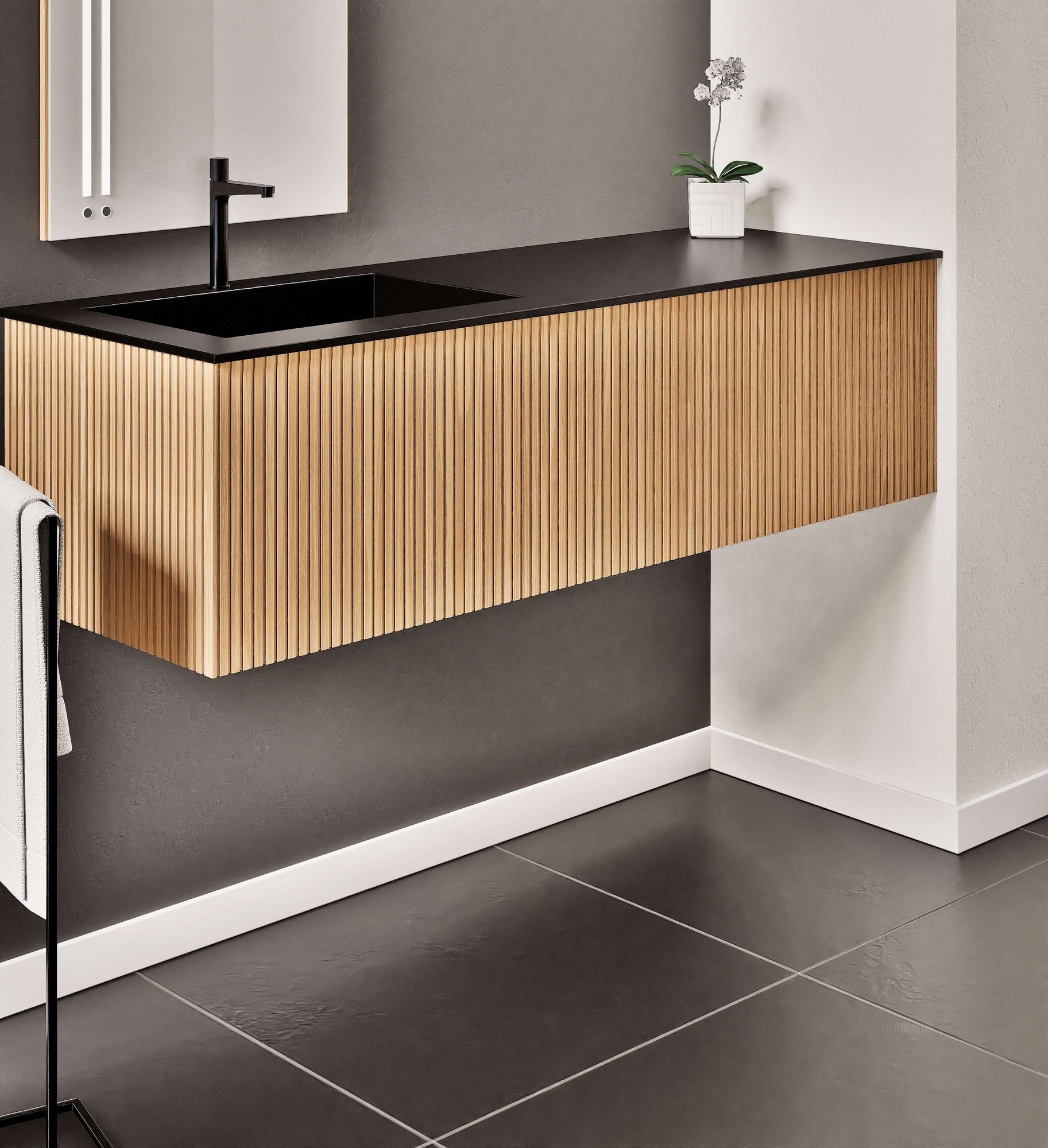 Fluvia Single Right Wall Set – Corian® Sink & Countertop with 1 Main Drawer & Concealed Inner Drawer - ROVALUX