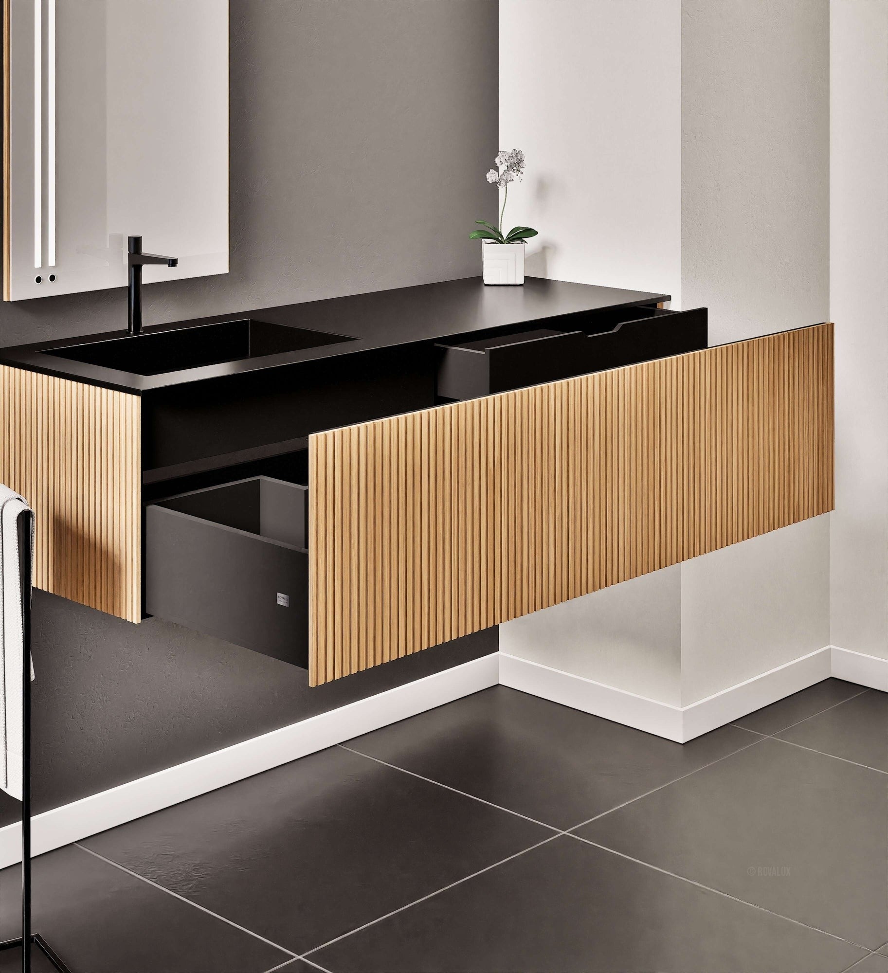 Fluvia Single Right Wall Set – Corian® Sink & Countertop with 1 Main Drawer & Concealed Inner Drawer - ROVALUX