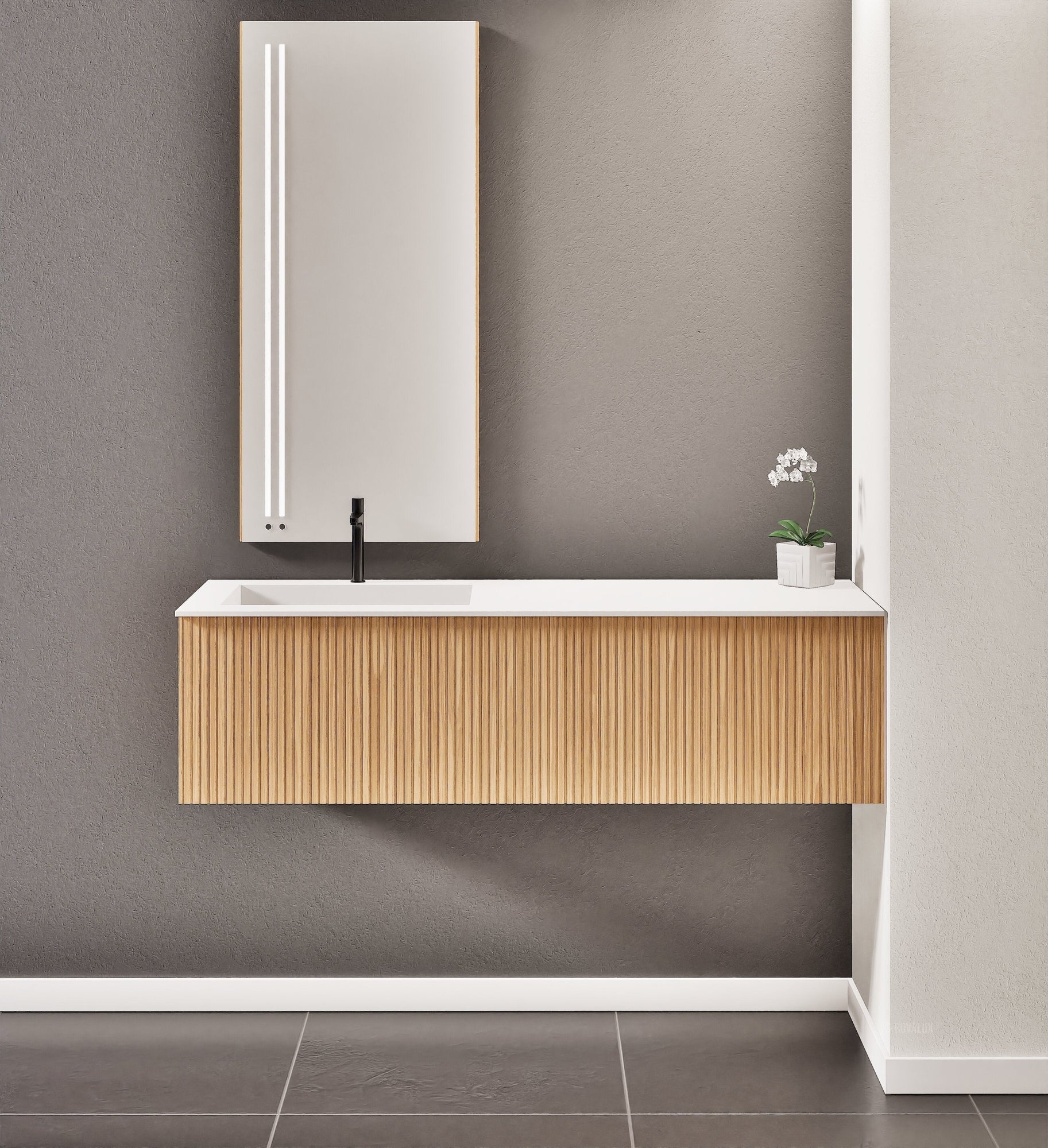 Fluvia Single Right Wall Set – Corian® Sink & Countertop with 1 Main Drawer & Concealed Inner Drawer - ROVALUX
