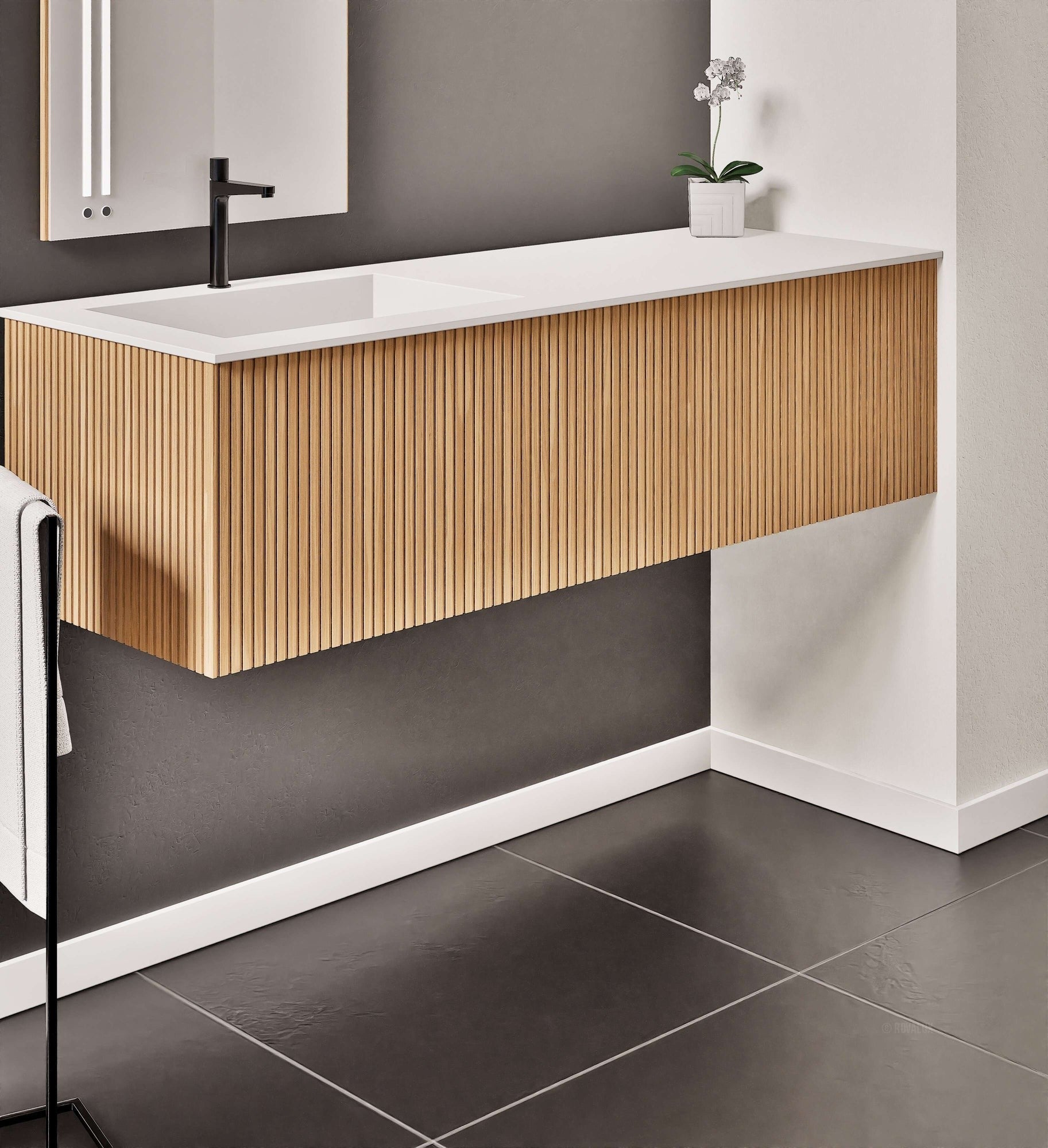 Fluvia Single Right Wall Set – Corian® Sink & Countertop with 1 Main Drawer & Concealed Inner Drawer - ROVALUX