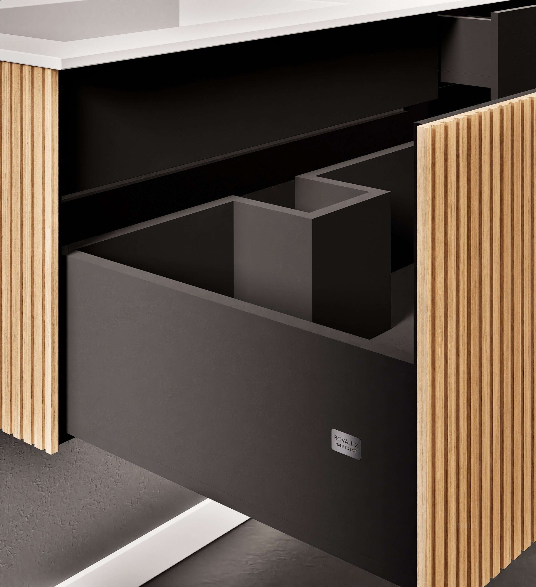 Fluvia Single Right Wall Set – Corian® Sink & Countertop with 1 Main Drawer & Concealed Inner Drawer - ROVALUX