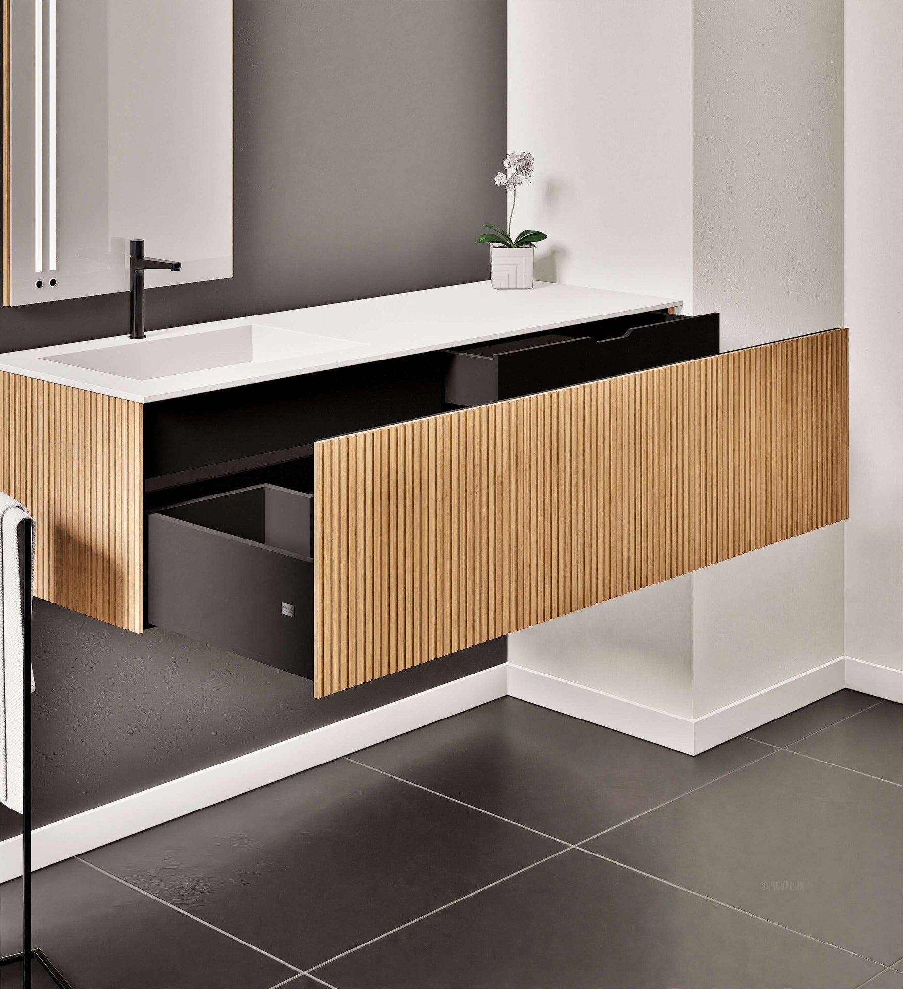 Fluvia Single Right Wall Set – Corian® Sink & Countertop with 1 Main Drawer & Concealed Inner Drawer - ROVALUX