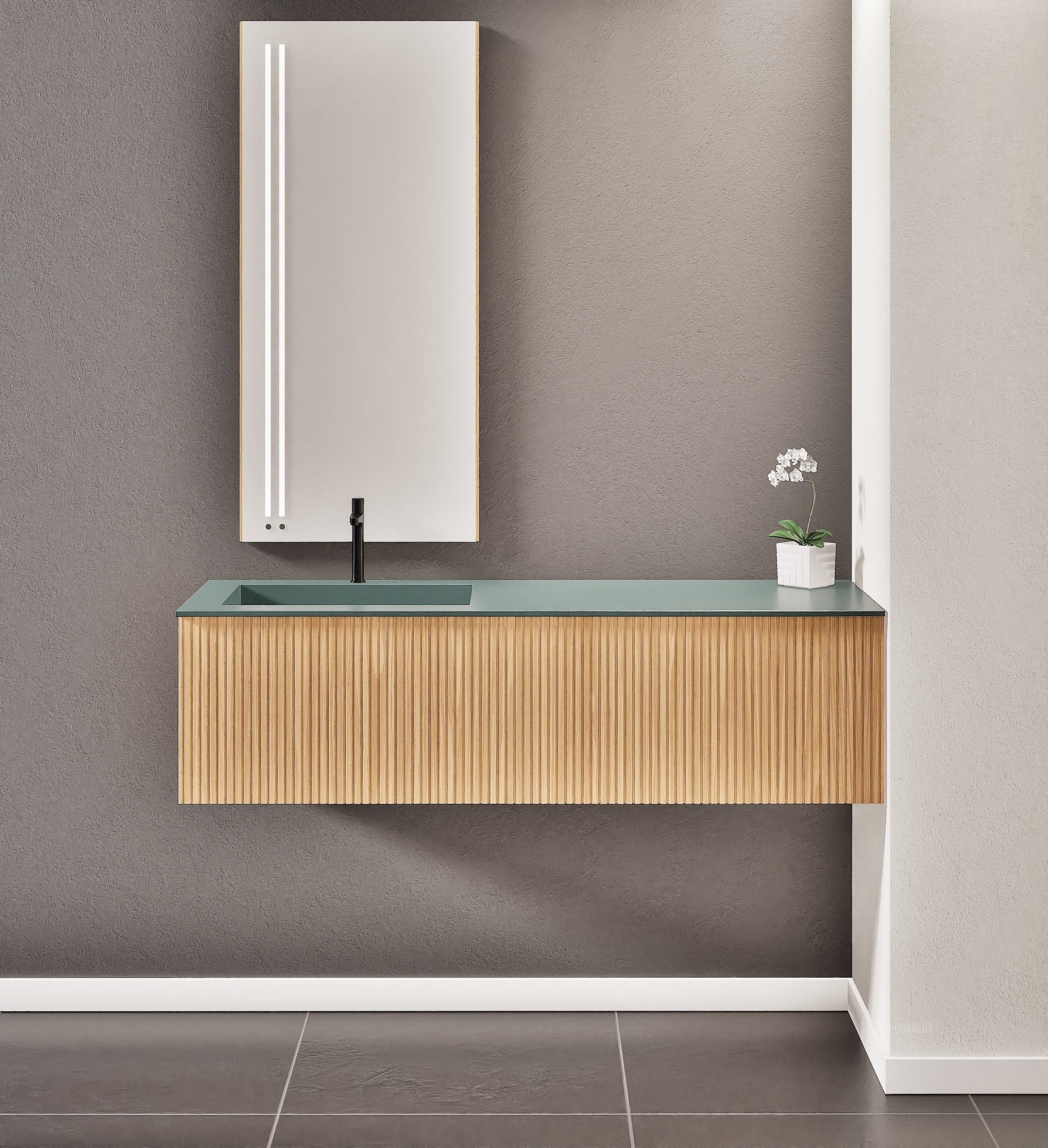 Fluvia Single Right Wall Set – Corian® Sink & Countertop with 1 Main Drawer & Concealed Inner Drawer - ROVALUX