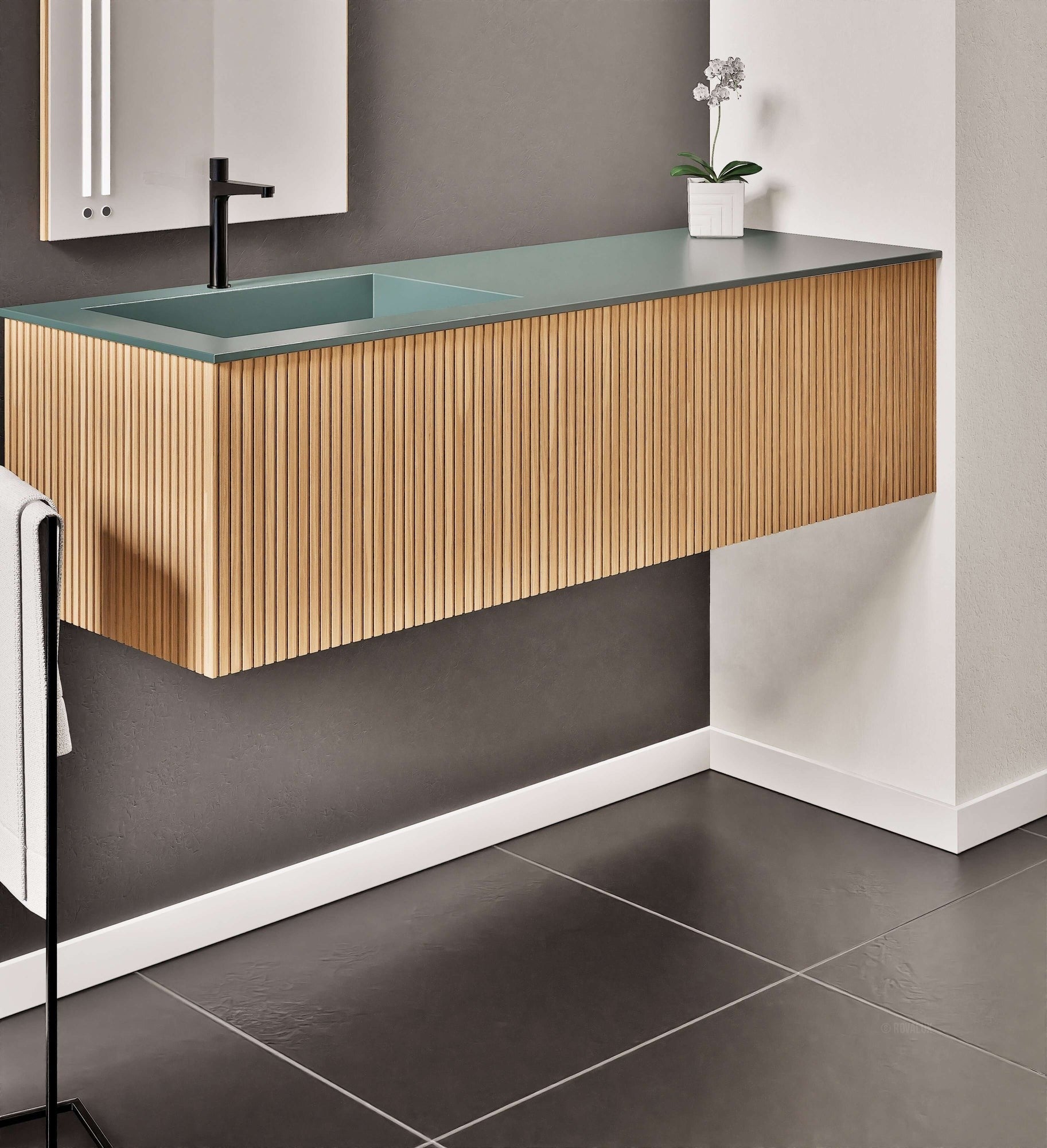 Fluvia Single Right Wall Set – Corian® Sink & Countertop with 1 Main Drawer & Concealed Inner Drawer - ROVALUX