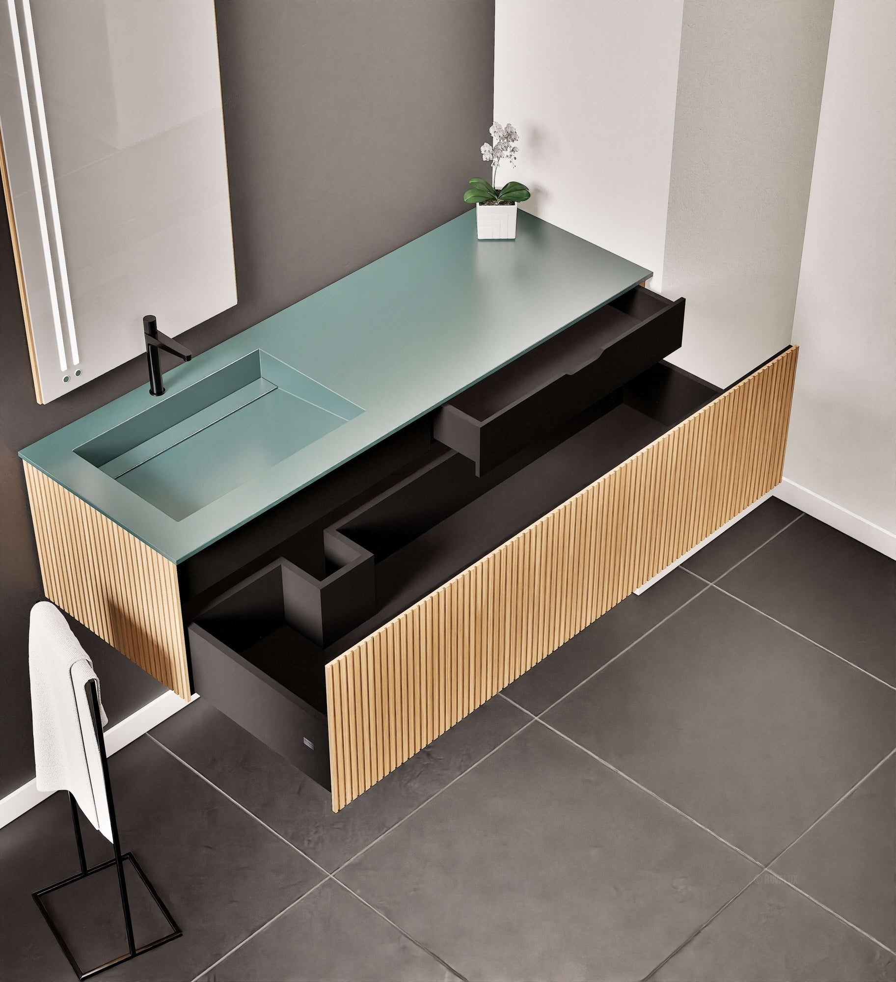 Fluvia Single Right Wall Set – Corian® Sink & Countertop with 1 Main Drawer & Concealed Inner Drawer - ROVALUX