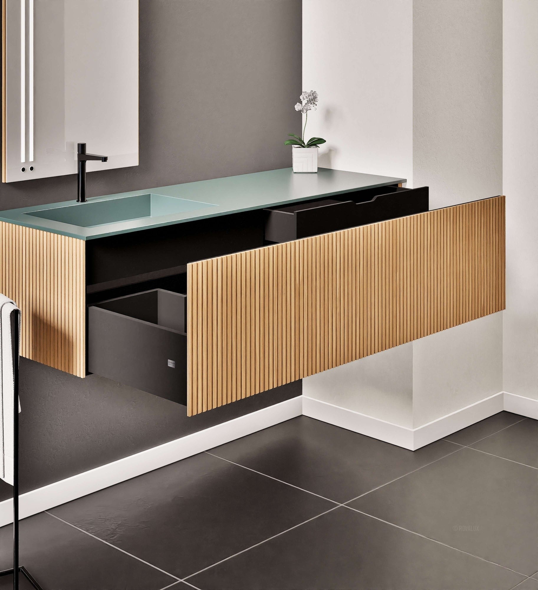 Fluvia Single Right Wall Set – Corian® Sink & Countertop with 1 Main Drawer & Concealed Inner Drawer - ROVALUX