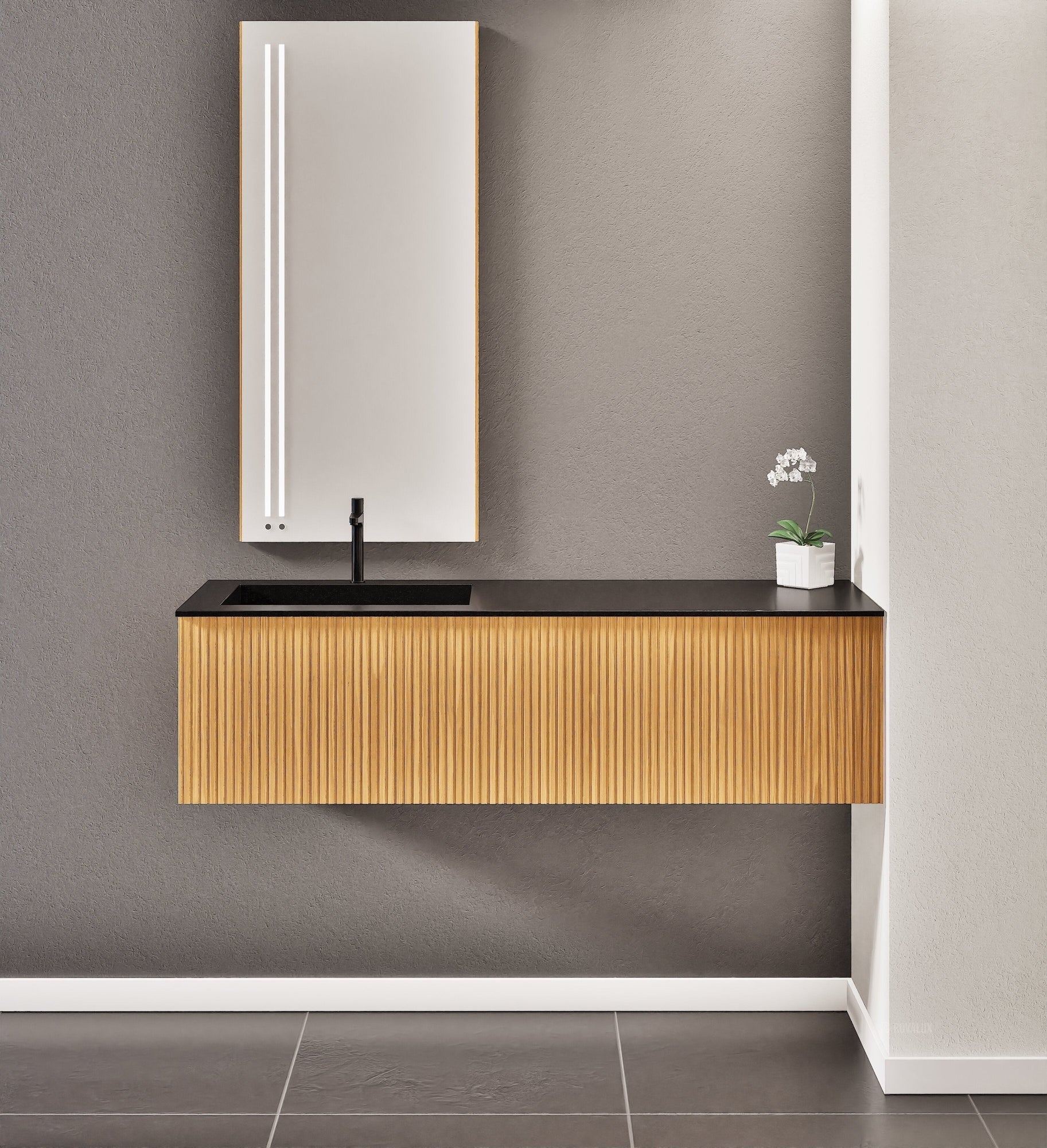 Fluvia Single Right Wall Set – Corian® Sink & Countertop with 1 Main Drawer & Concealed Inner Drawer - ROVALUX