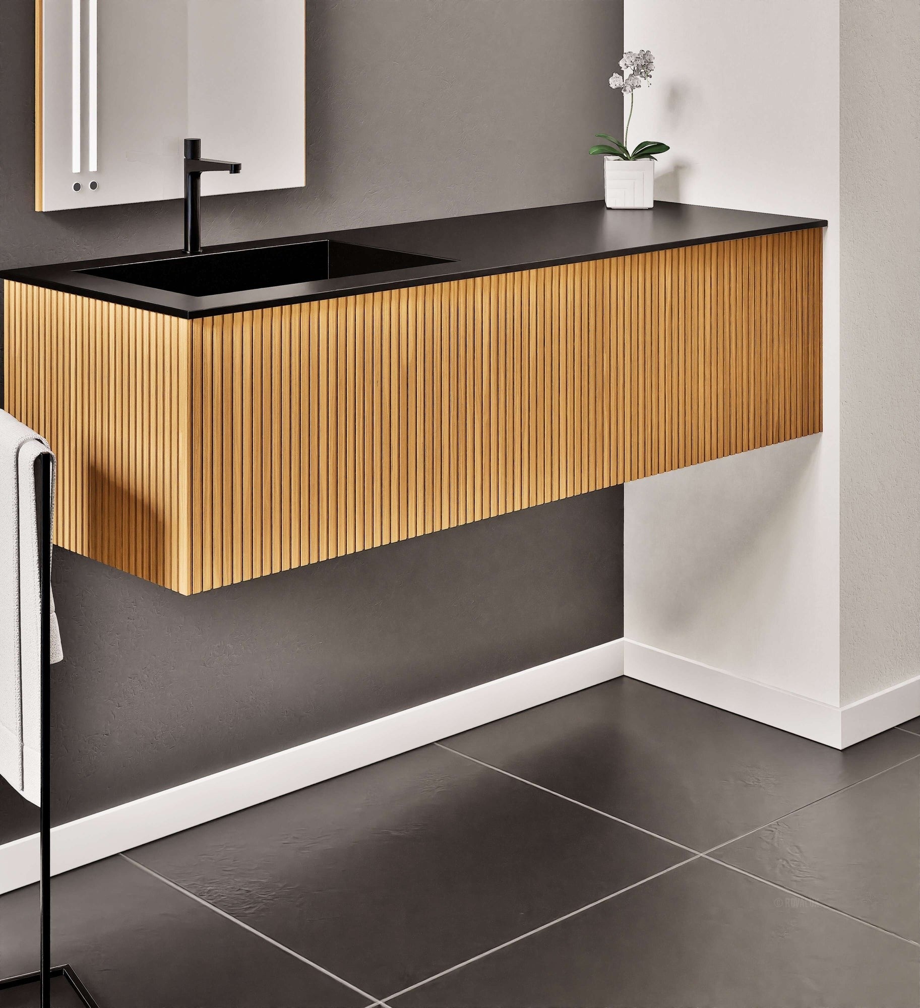 Fluvia Single Right Wall Set – Corian® Sink & Countertop with 1 Main Drawer & Concealed Inner Drawer - ROVALUX