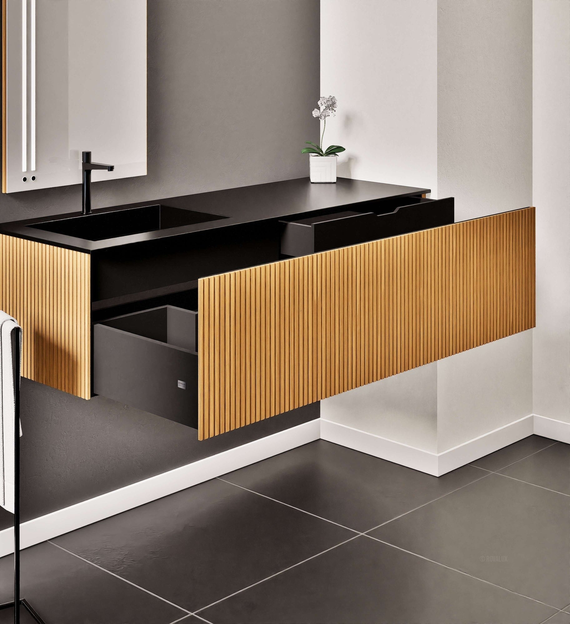 Fluvia Single Right Wall Set – Corian® Sink & Countertop with 1 Main Drawer & Concealed Inner Drawer - ROVALUX