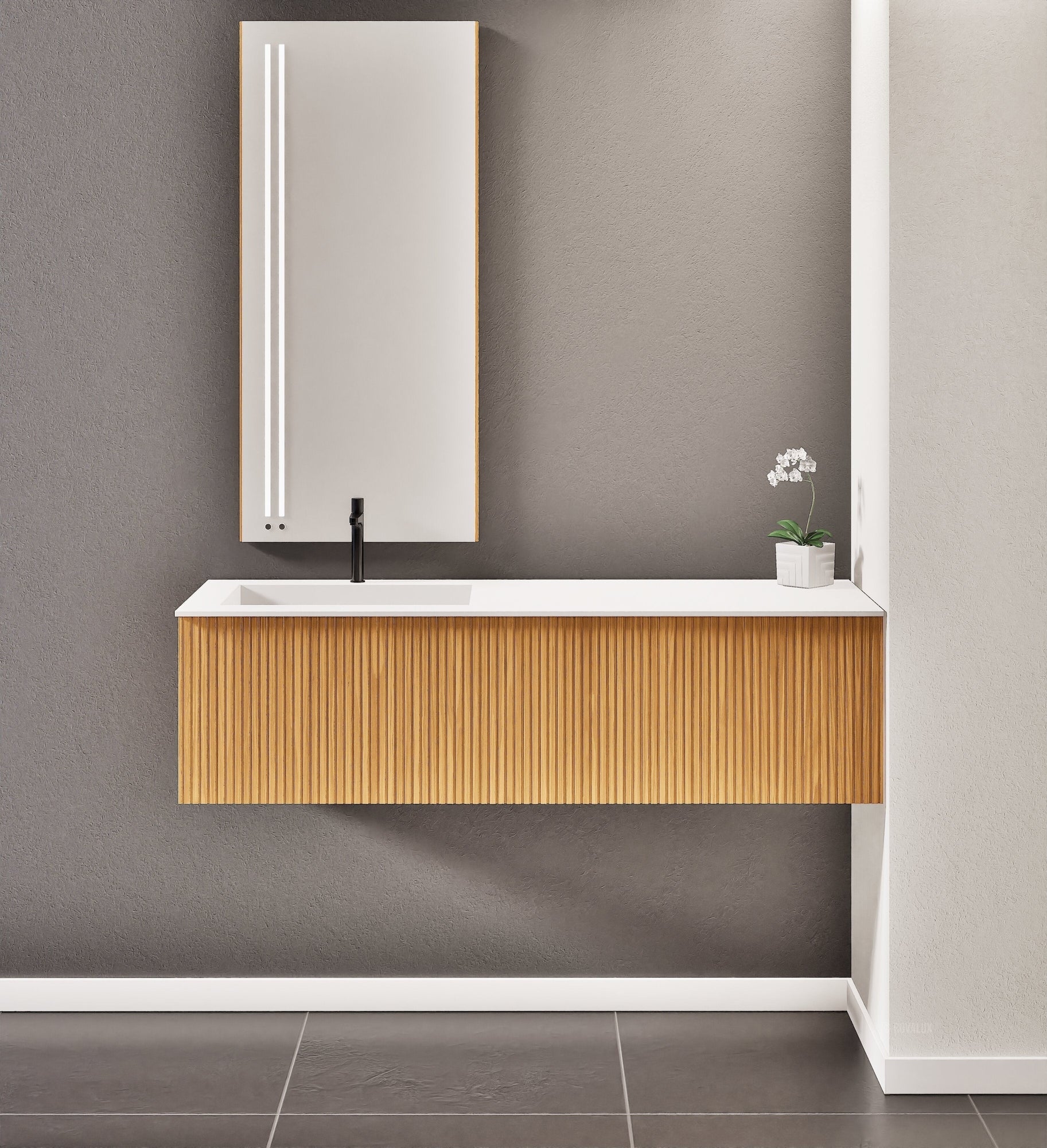 Fluvia Single Right Wall Set – Corian® Sink & Countertop with 1 Main Drawer & Concealed Inner Drawer - ROVALUX