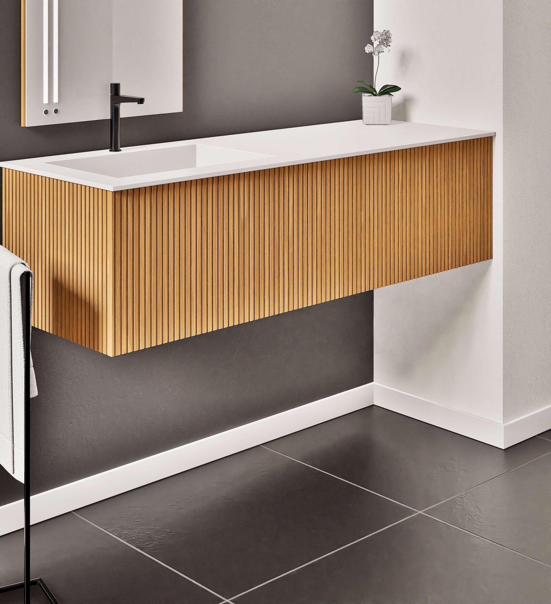Fluvia Single Right Wall Set – Corian® Sink & Countertop with 1 Main Drawer & Concealed Inner Drawer - ROVALUX