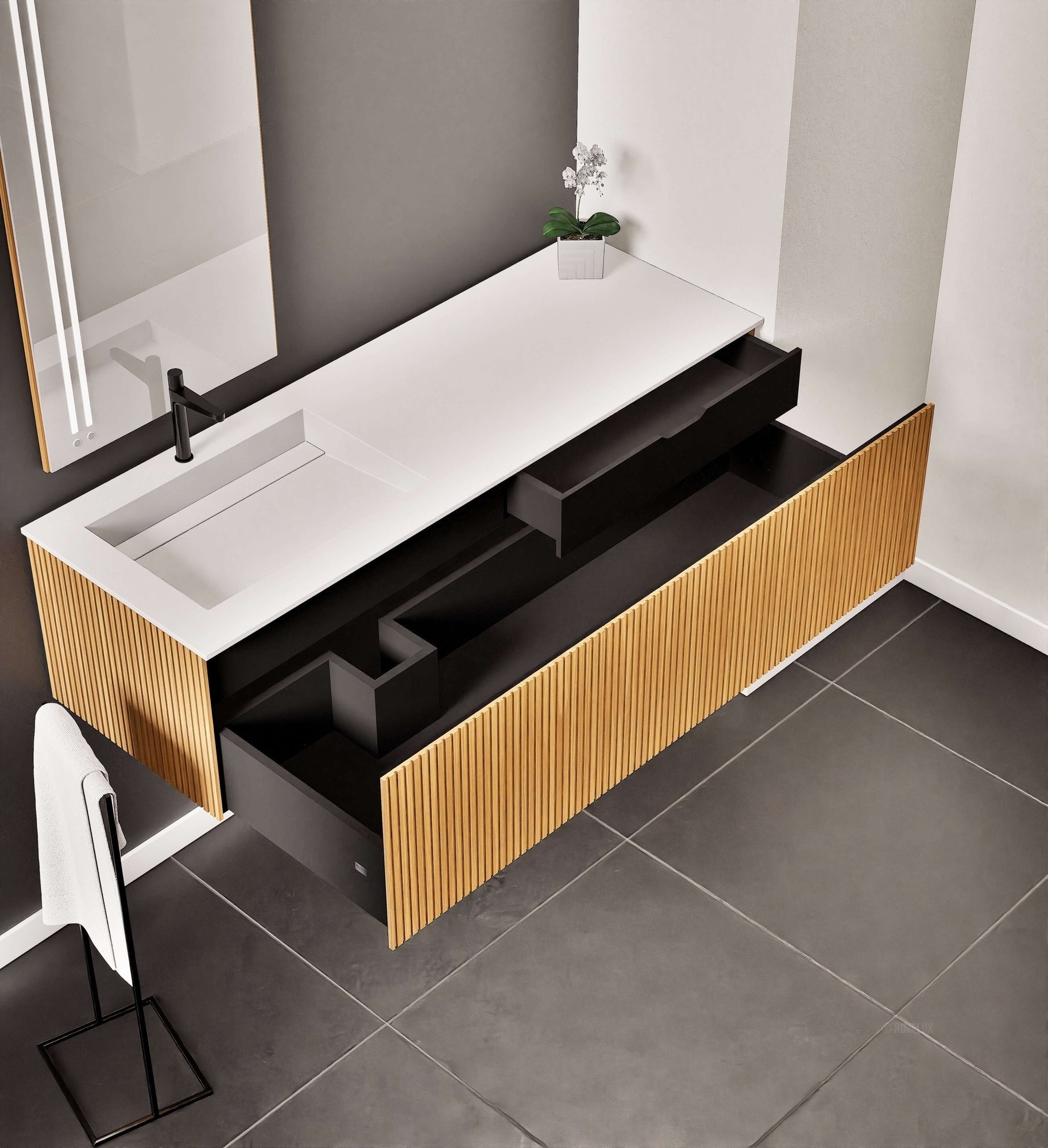 Fluvia Single Right Wall Set – Corian® Sink & Countertop with 1 Main Drawer & Concealed Inner Drawer - ROVALUX