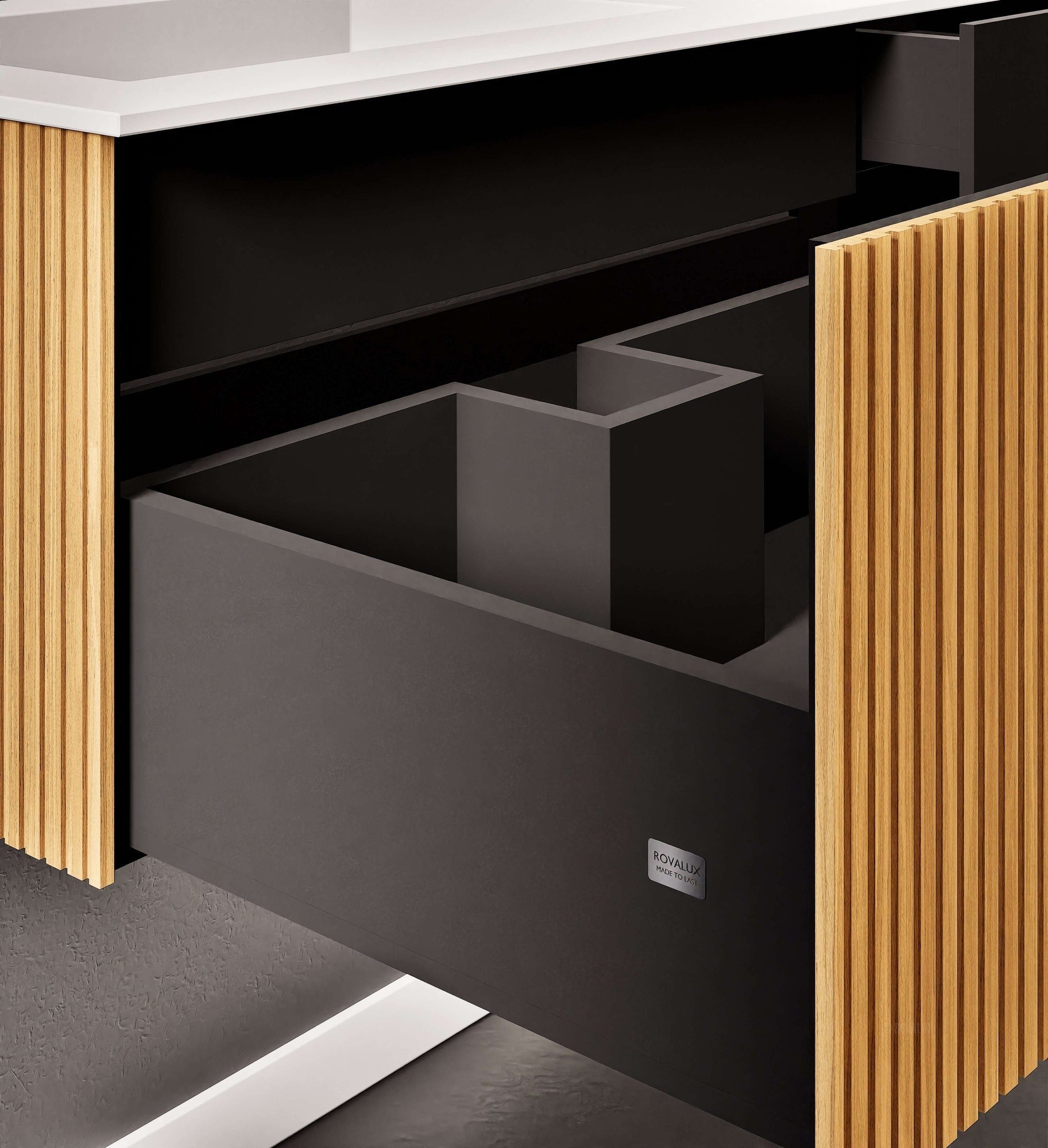 Fluvia Single Right Wall Set – Corian® Sink & Countertop with 1 Main Drawer & Concealed Inner Drawer - ROVALUX