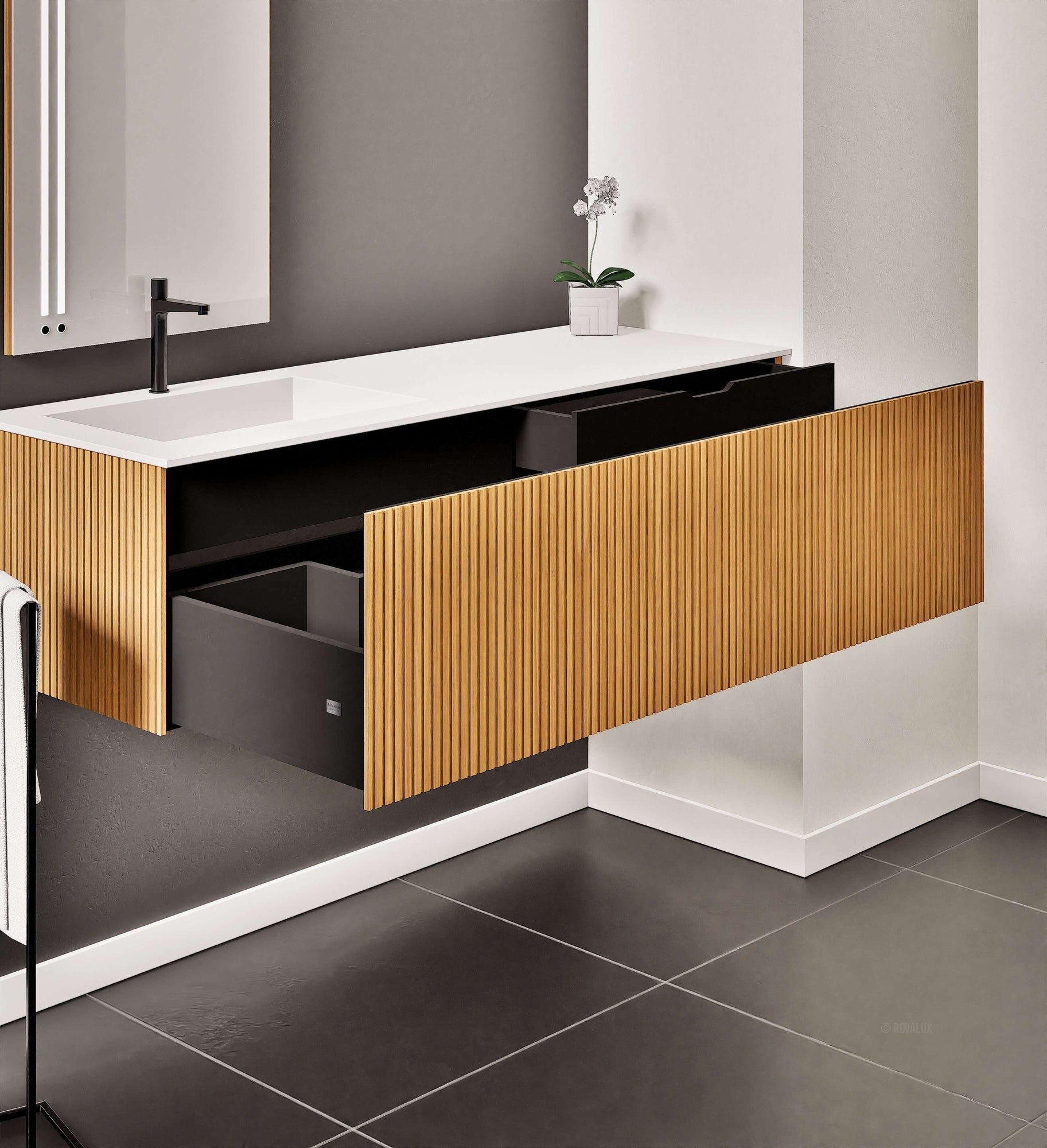 Fluvia Single Right Wall Set – Corian® Sink & Countertop with 1 Main Drawer & Concealed Inner Drawer - ROVALUX