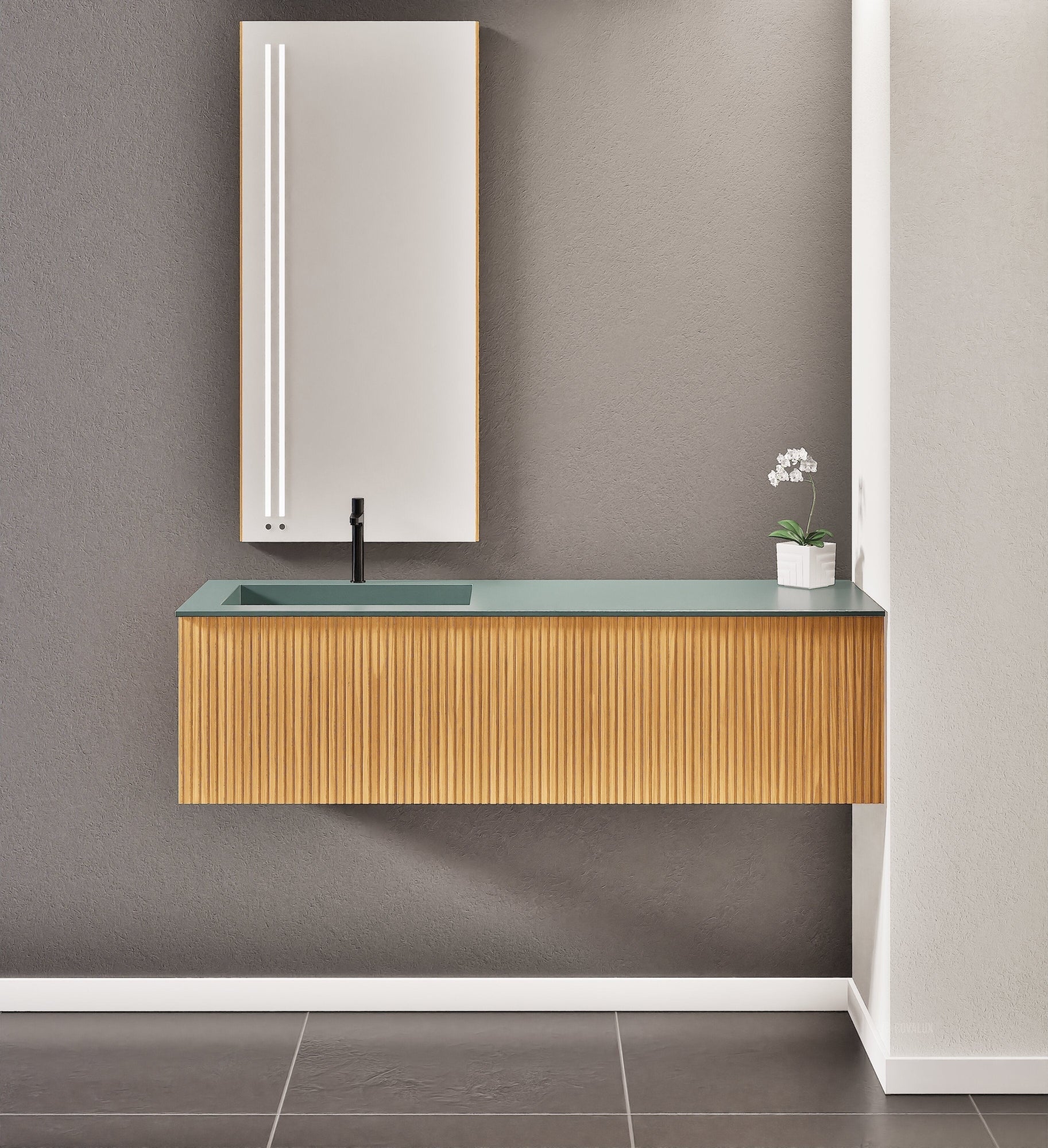 Fluvia Single Right Wall Set – Corian® Sink & Countertop with 1 Main Drawer & Concealed Inner Drawer - ROVALUX