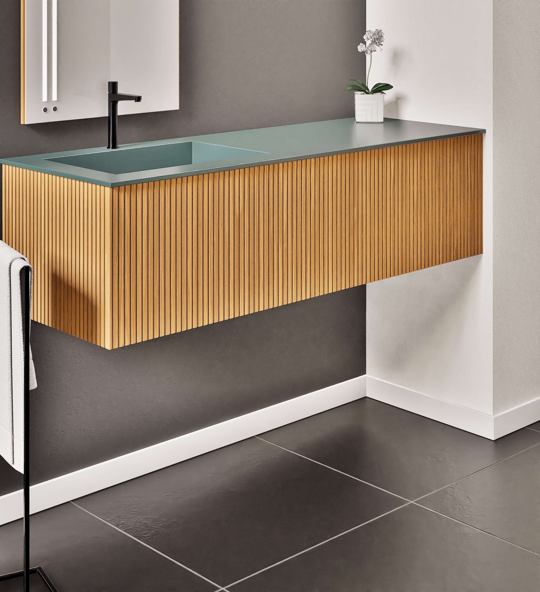 Fluvia Single Right Wall Set – Corian® Sink & Countertop with 1 Main Drawer & Concealed Inner Drawer - ROVALUX