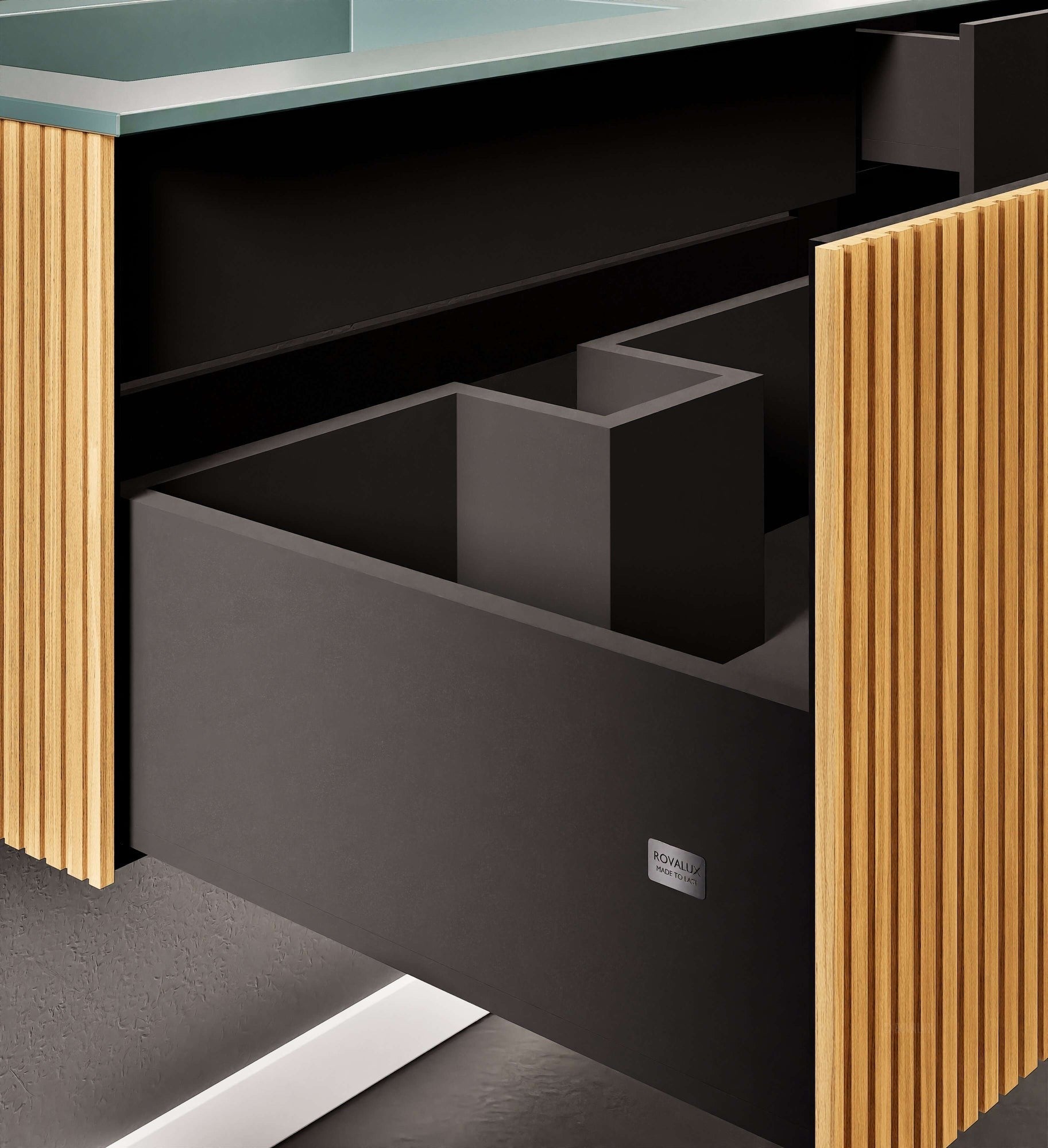 Fluvia Single Right Wall Set – Corian® Sink & Countertop with 1 Main Drawer & Concealed Inner Drawer - ROVALUX