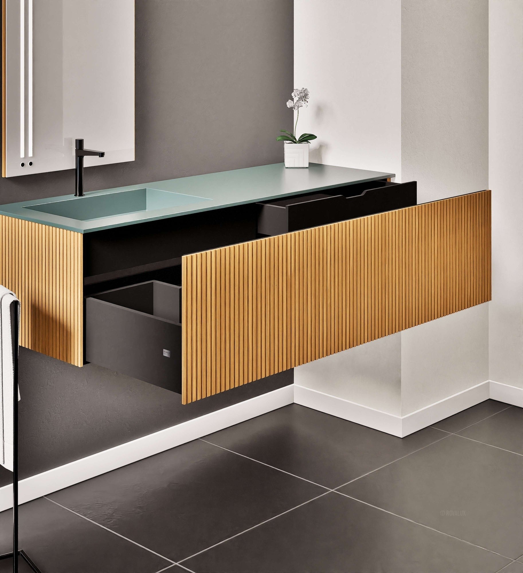 Fluvia Single Right Wall Set – Corian® Sink & Countertop with 1 Main Drawer & Concealed Inner Drawer - ROVALUX