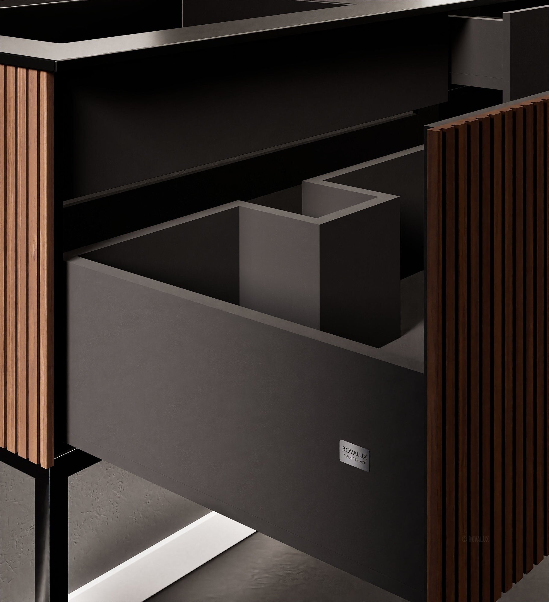 Fluvia – Corian® Countertop & Basin with 1 Drawer and Inner Pull-Out, Right Side Wall-Mounted with Support Legs - ROVALUX