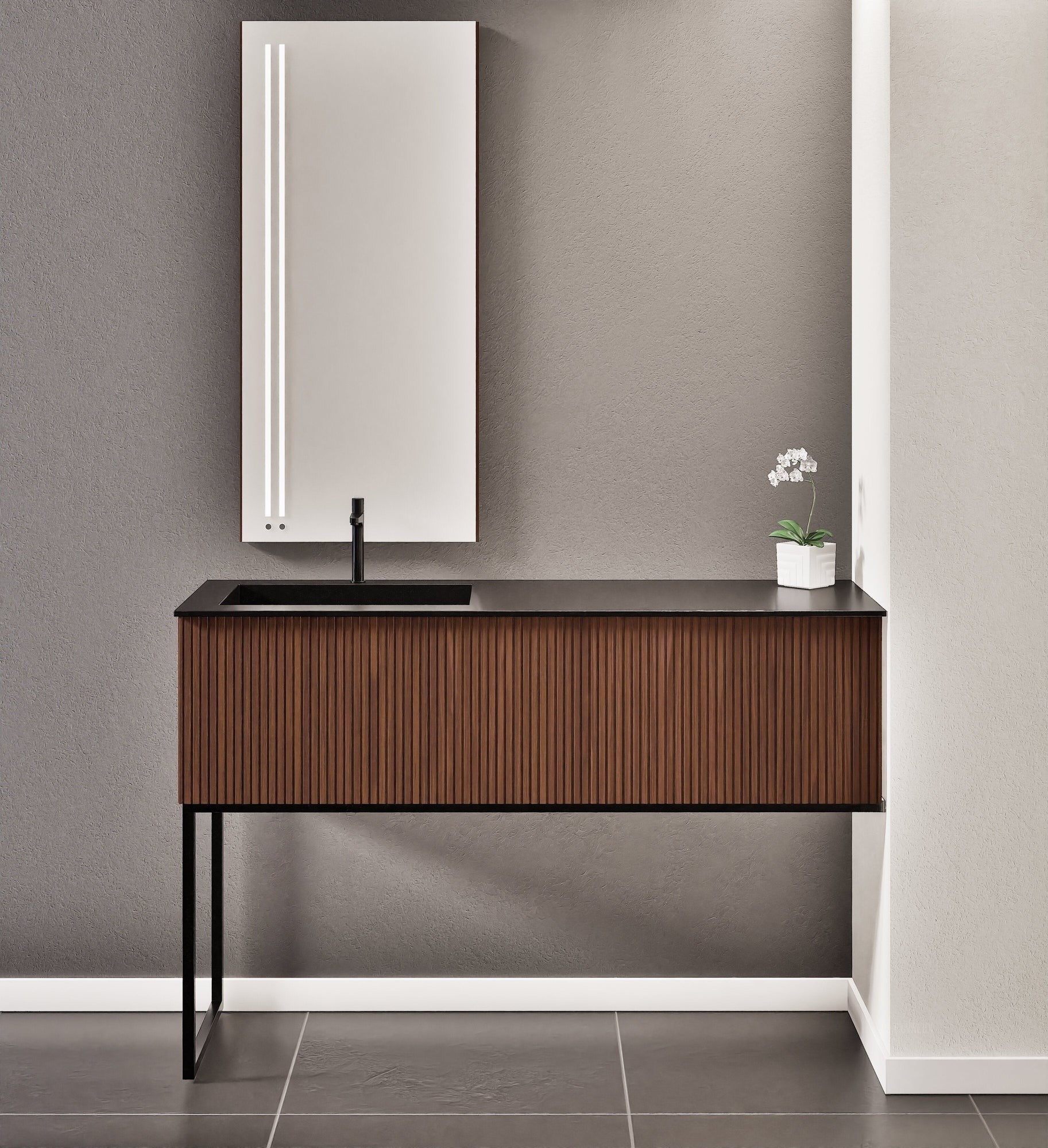 Fluvia – Corian® Countertop & Basin with 1 Drawer and Inner Pull-Out, Right Side Wall-Mounted with Support Legs - ROVALUX