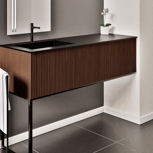 Fluvia – Corian® Countertop & Basin with 1 Drawer and Inner Pull-Out, Right Side Wall-Mounted with Support Legs - ROVALUX