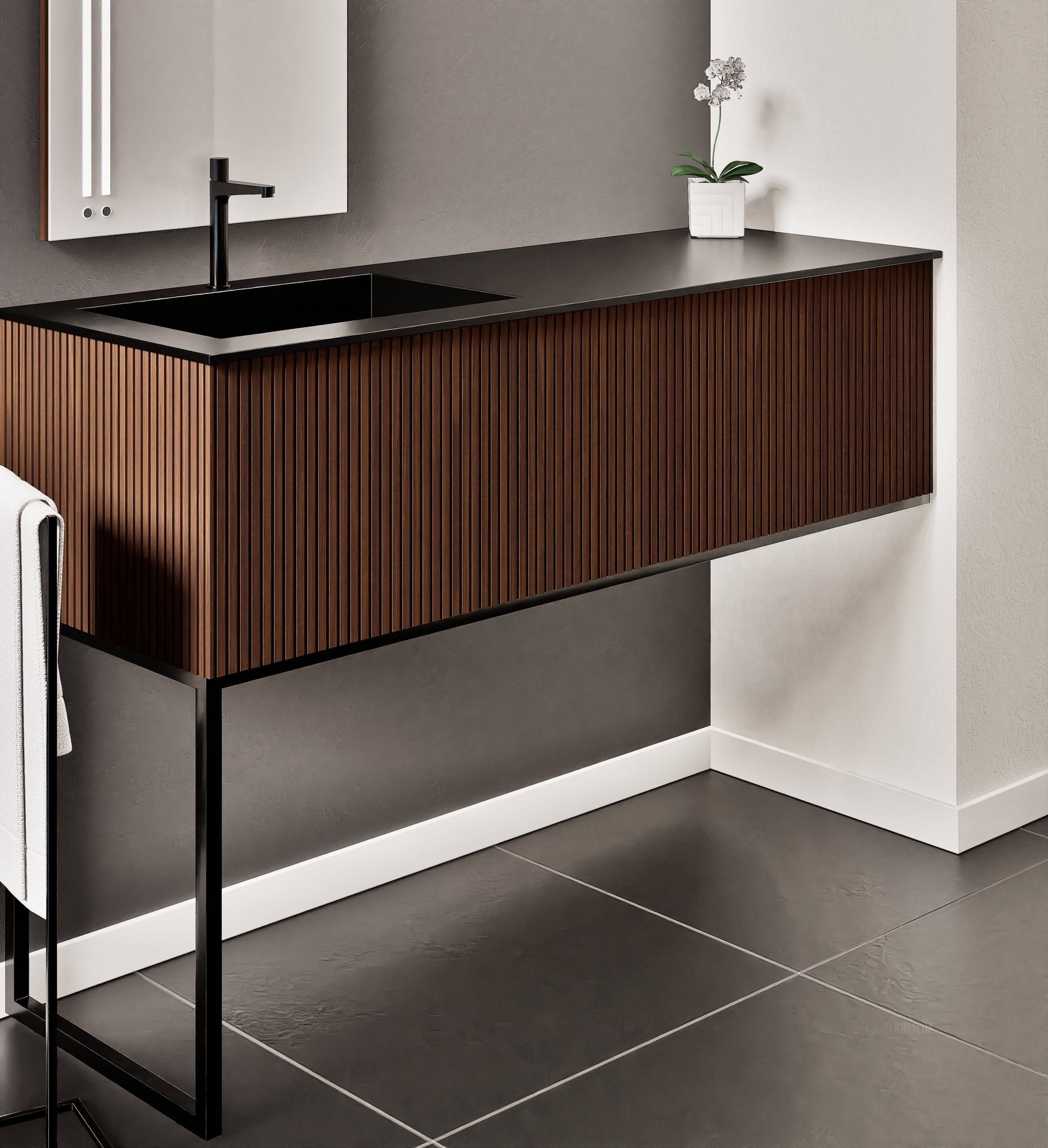 Fluvia – Corian® Countertop & Basin with 1 Drawer and Inner Pull-Out, Right Side Wall-Mounted with Support Legs - ROVALUX