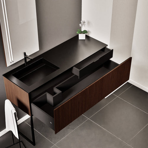 Fluvia – Corian® Countertop & Basin with 1 Drawer and Inner Pull-Out, Right Side Wall-Mounted with Support Legs - ROVALUX