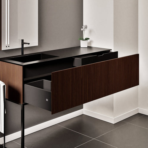 Fluvia – Corian® Countertop & Basin with 1 Drawer and Inner Pull-Out, Right Side Wall-Mounted with Support Legs - ROVALUX