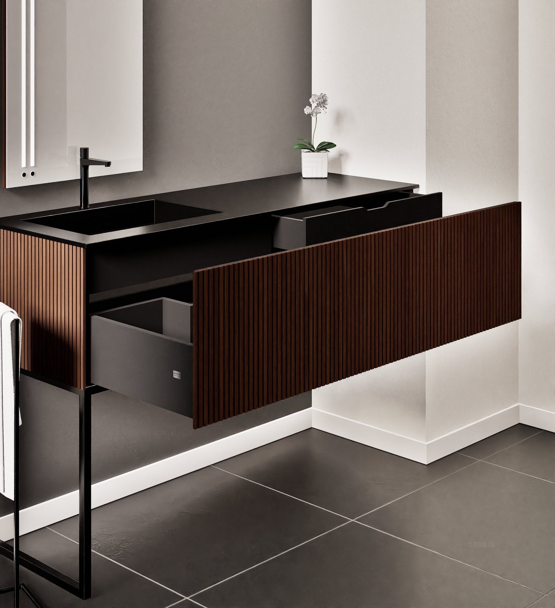 Fluvia – Corian® Countertop & Basin with 1 Drawer and Inner Pull-Out, Right Side Wall-Mounted with Support Legs - ROVALUX