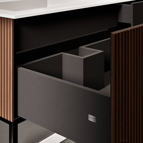 Fluvia – Corian® Countertop & Basin with 1 Drawer and Inner Pull-Out, Right Side Wall-Mounted with Support Legs - ROVALUX