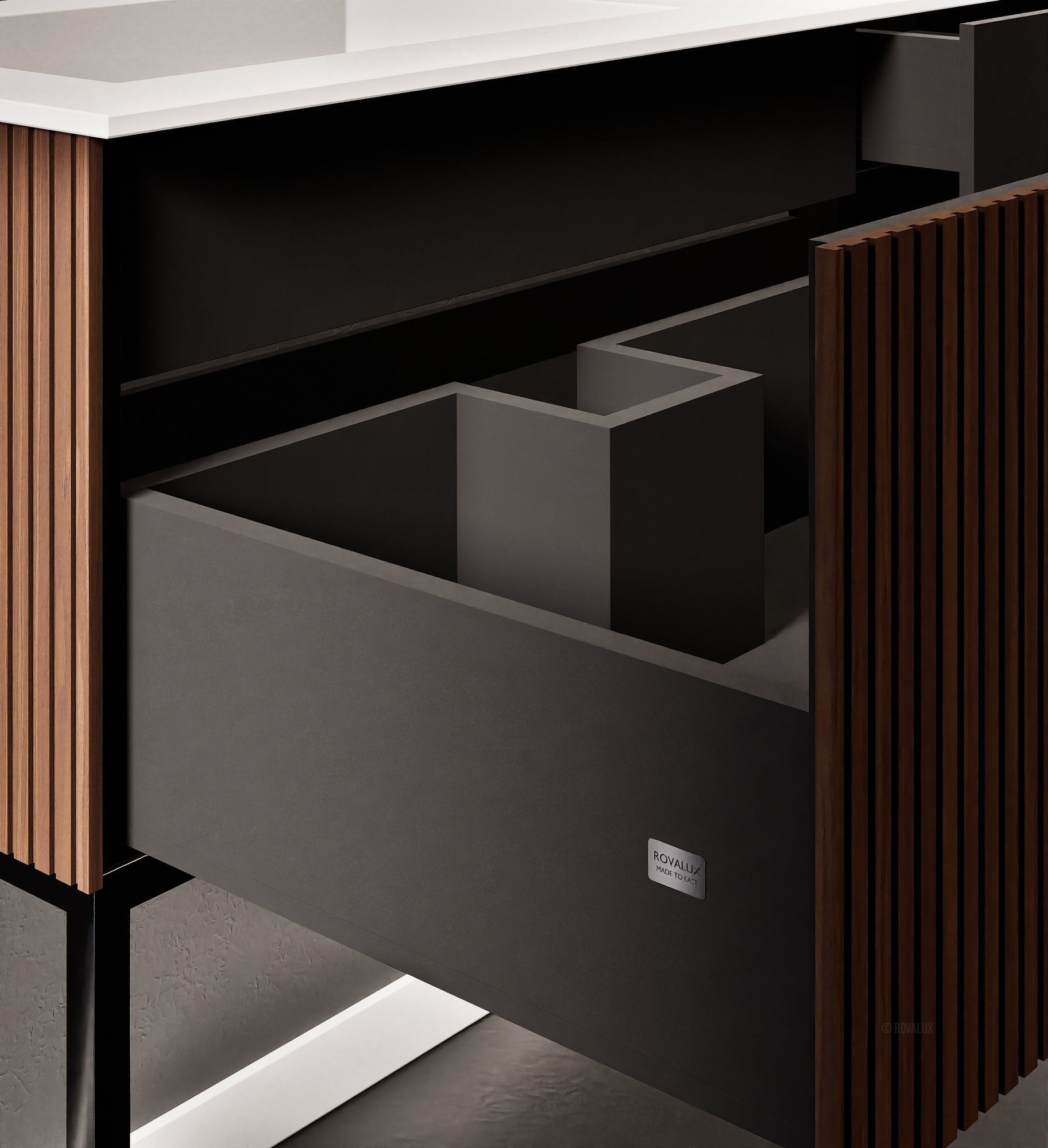 Fluvia – Corian® Countertop & Basin with 1 Drawer and Inner Pull-Out, Right Side Wall-Mounted with Support Legs - ROVALUX