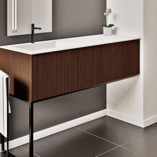 Fluvia – Corian® Countertop & Basin with 1 Drawer and Inner Pull-Out, Right Side Wall-Mounted with Support Legs - ROVALUX