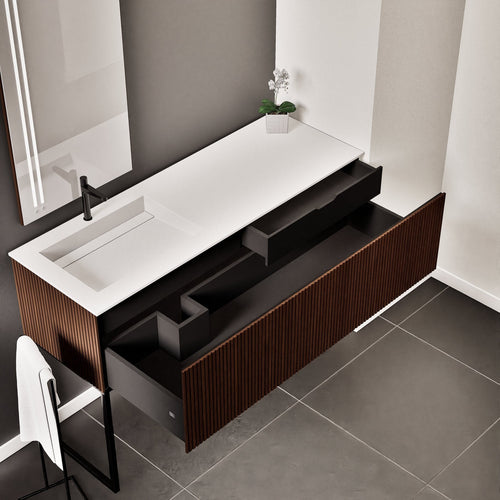 Fluvia – Corian® Countertop & Basin with 1 Drawer and Inner Pull-Out, Right Side Wall-Mounted with Support Legs - ROVALUX