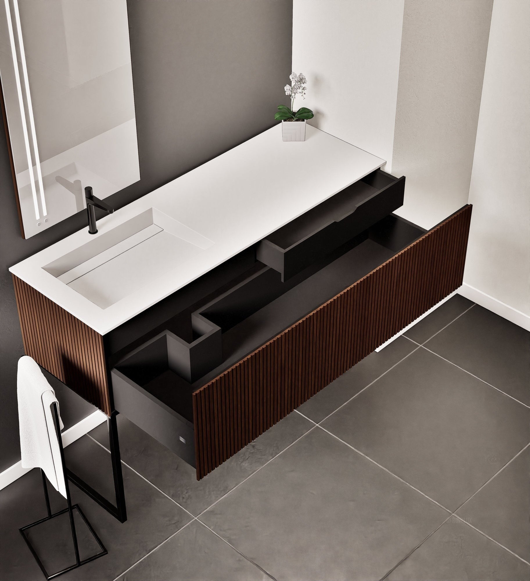 Fluvia – Corian® Countertop & Basin with 1 Drawer and Inner Pull-Out, Right Side Wall-Mounted with Support Legs - ROVALUX