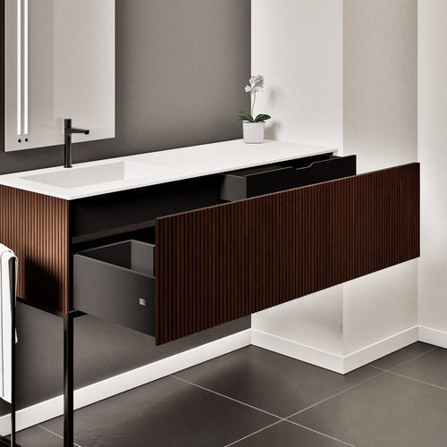 Fluvia – Corian® Countertop & Basin with 1 Drawer and Inner Pull-Out, Right Side Wall-Mounted with Support Legs - ROVALUX