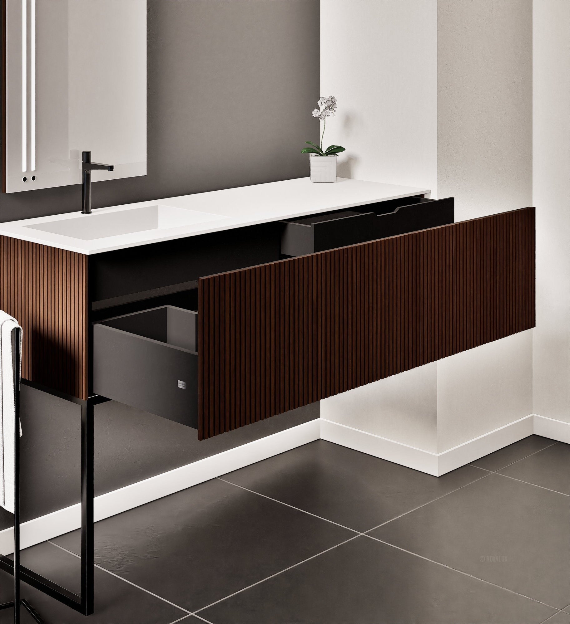 Fluvia – Corian® Countertop & Basin with 1 Drawer and Inner Pull-Out, Right Side Wall-Mounted with Support Legs - ROVALUX