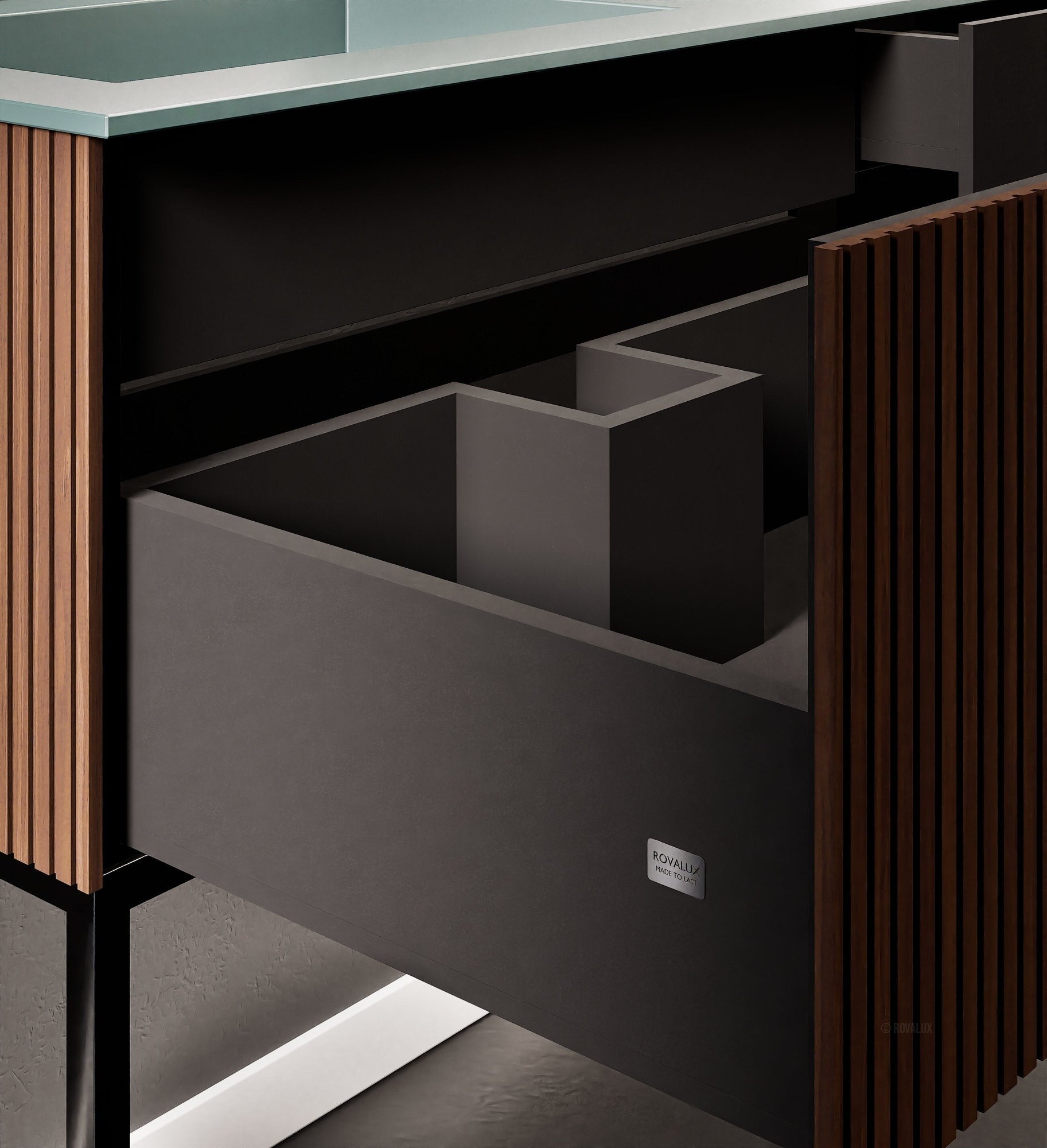 Fluvia – Corian® Countertop & Basin with 1 Drawer and Inner Pull-Out, Right Side Wall-Mounted with Support Legs - ROVALUX