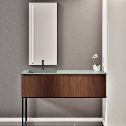 Fluvia – Corian® Countertop & Basin with 1 Drawer and Inner Pull-Out, Right Side Wall-Mounted with Support Legs - ROVALUX
