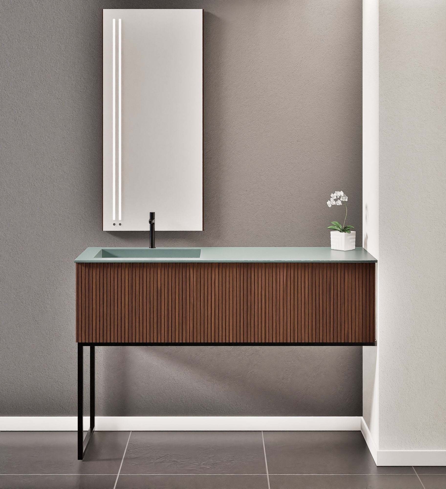 Fluvia – Corian® Countertop & Basin with 1 Drawer and Inner Pull-Out, Right Side Wall-Mounted with Support Legs - ROVALUX
